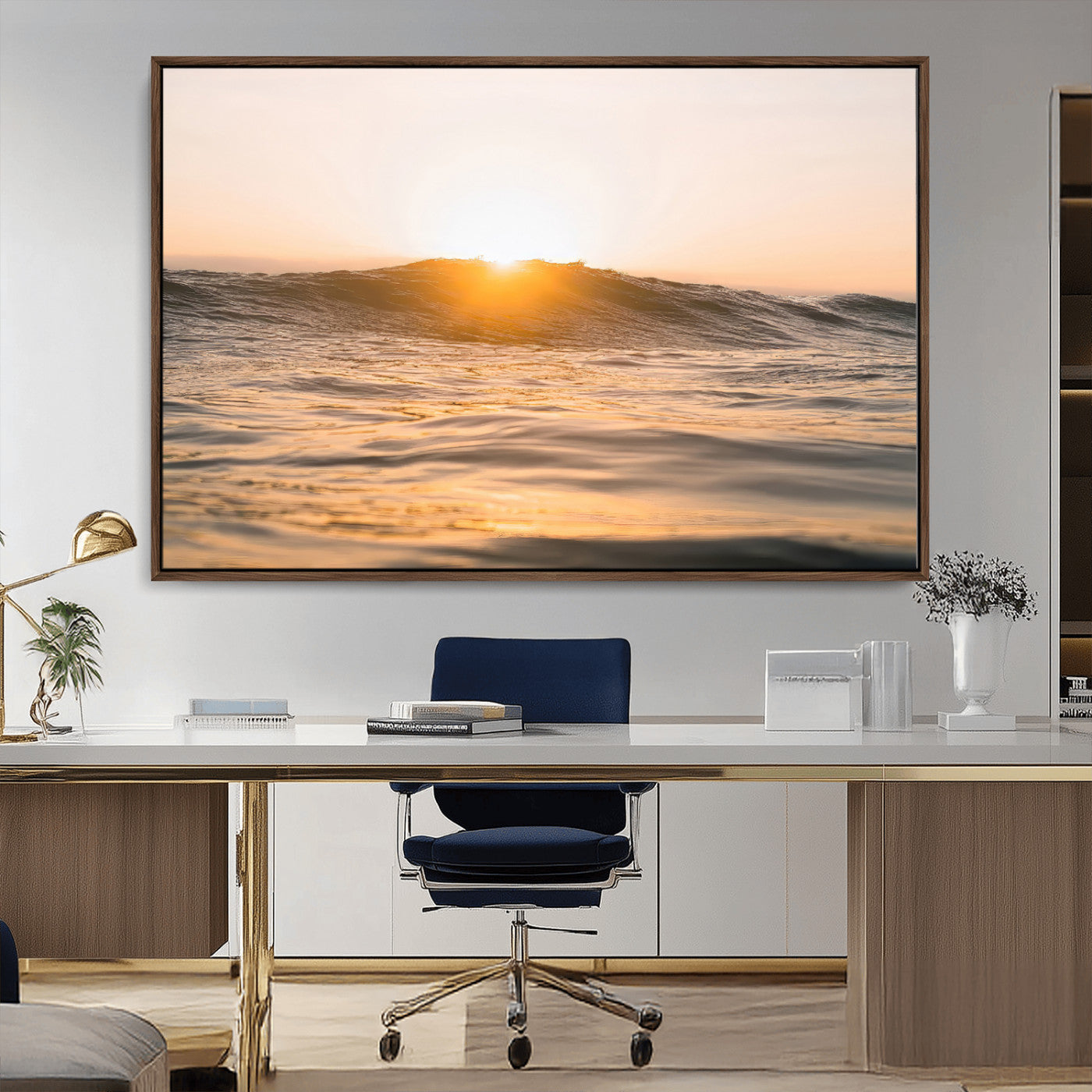 MGV-FC-36X24 - Calm Water Wall Art Canvas Print, Framed Sunset Waves Art Picture Print, Coastal Warmth Perfect Warm Minimalist Decor Artwork