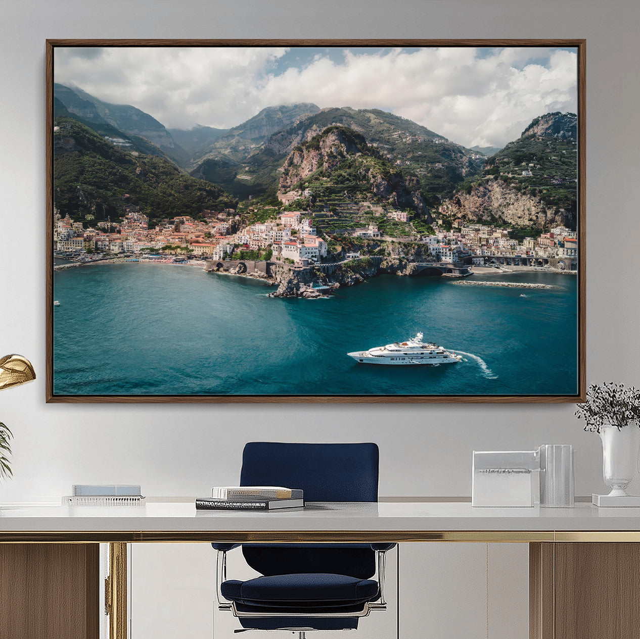 20321590-MGV-CV-36X24-Amalfi Coast Wall Art – Framed Italian Seaside Canvas Artwork, Mediterranean Landscape Design, Coastal Decor for Home, Office