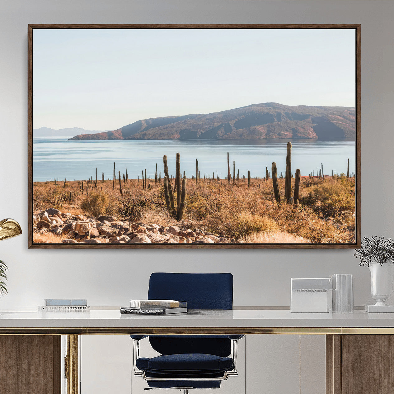 45193515-MGV-CV-36X24-Desert Lake Wall Art – Framed Cactus Mountain Canvas Artwork, Earthy Southwest Design, Rustic Nature Decor for Home, Office