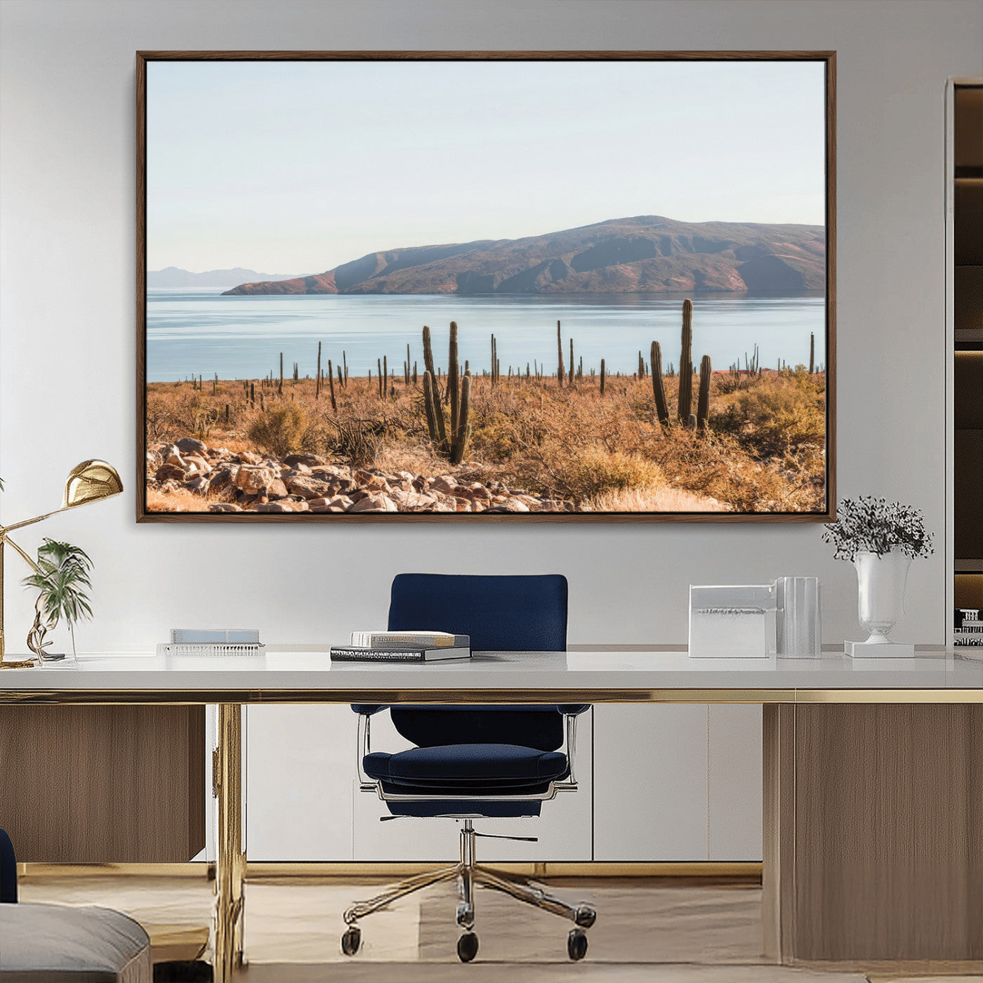 MGV-FC-36X24 - Desert Cactus Wall Art Canvas Print, Framed Baja Coastline Art Picture Print, Coastal Desert Perfect Southwestern Minimalist Decor Artwork