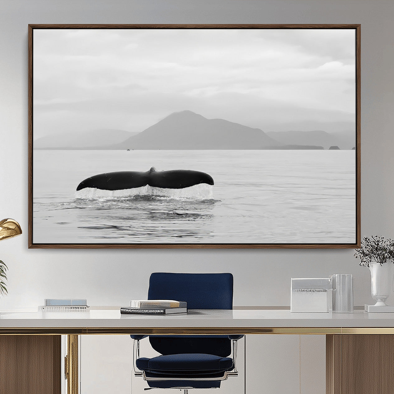 30524220-MGV-CV-36X24-Whale Tail Wall Art – Framed Black White Ocean Canvas Artwork, Serene Sea Design, Minimal Coastal Decor for Home, Office