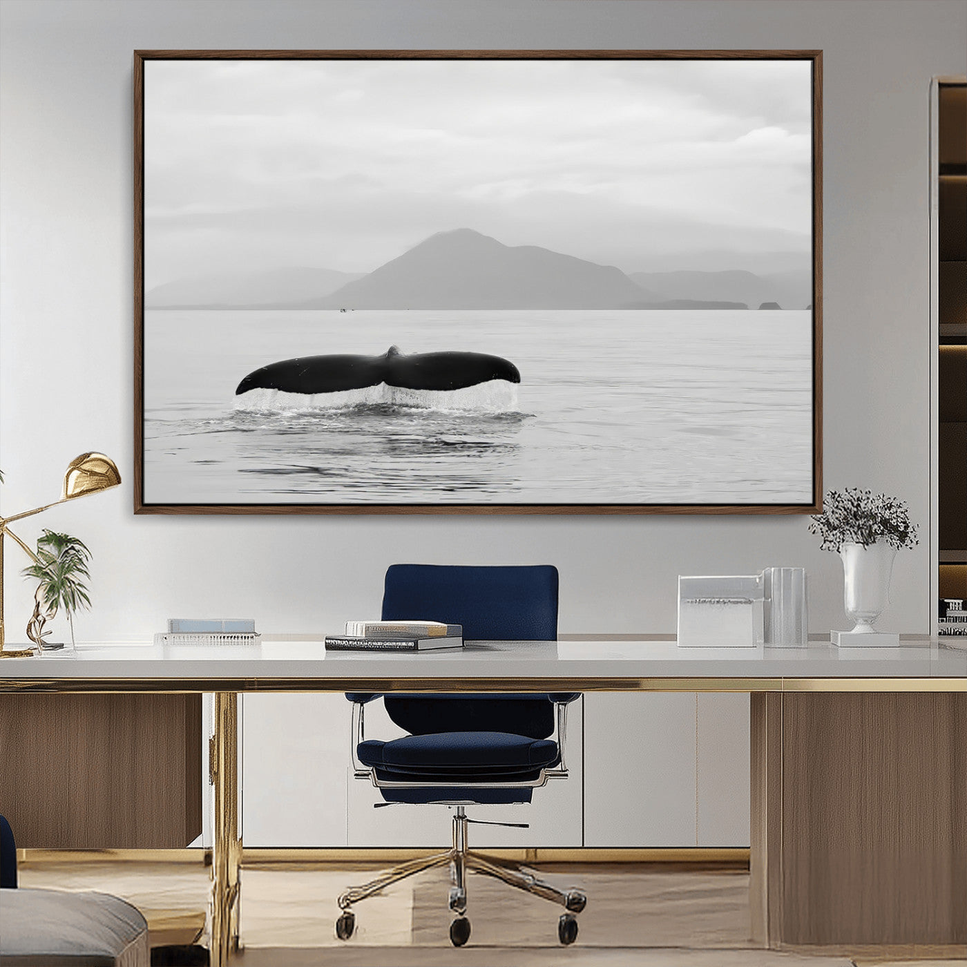 MGV-FC-36X24 - Whale Tail Wall Art Canvas Print, Framed Black White Ocean Art Picture Print, Calm Marine Perfect Minimalist Coastal Decor Artwork