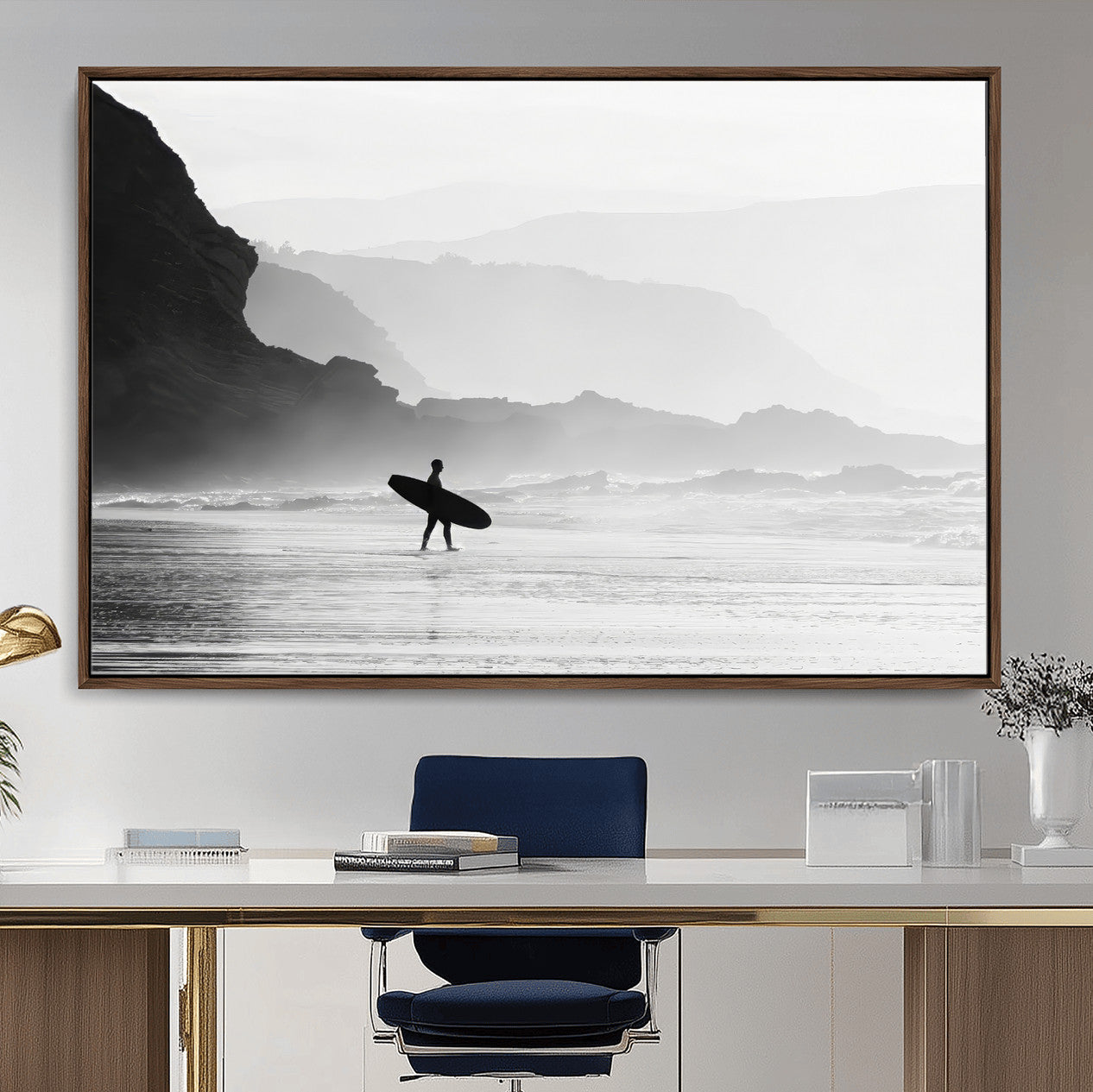 MGV-FC-36X24 - Surfer In Fog Wall Art Canvas Print, Framed Moody Shoreline Art Picture Print, Cliffside Waves Perfect Minimalist Coastal Decor Artwork