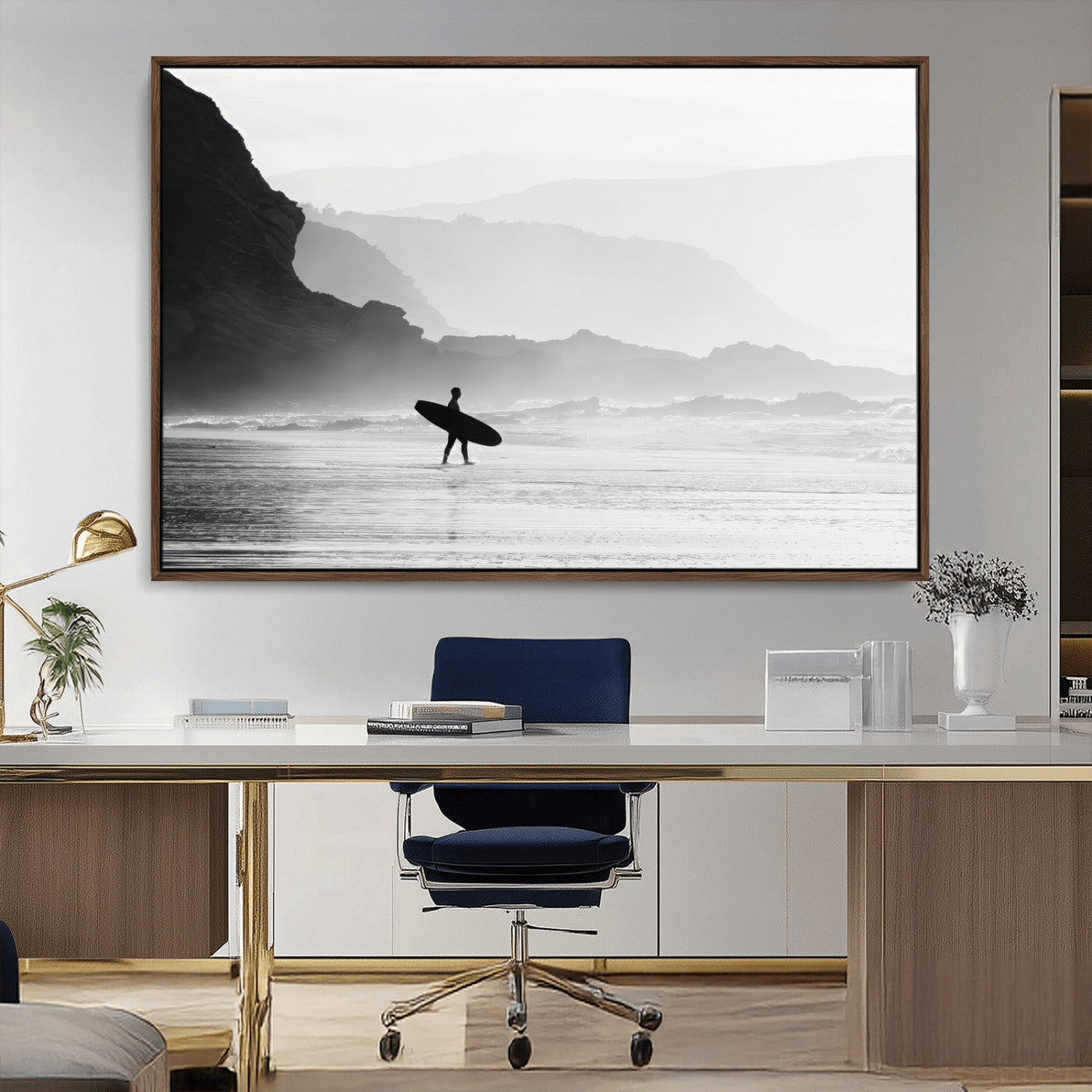 MGV-FC-36X24 - Surfer In Fog Wall Art Canvas Print, Framed Moody Shoreline Art Picture Print, Cliffside Waves Perfect Minimalist Coastal Decor Artwork