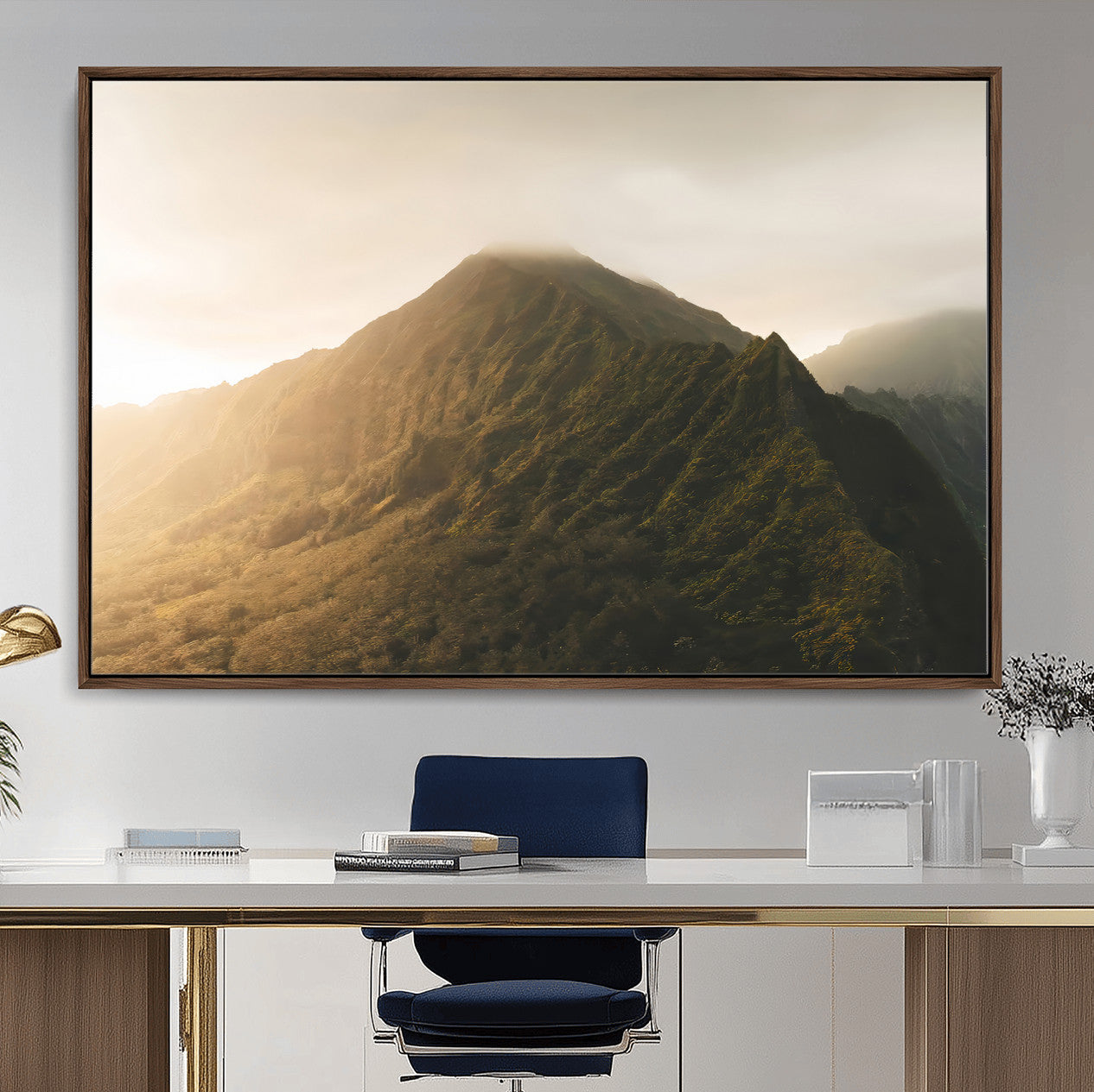 42338636-MGV-CV-36X24-Mountain Wall Art – Framed Sunset Landscape Canvas Artwork, Serene Nature Design, Rustic Decor for Home, Office