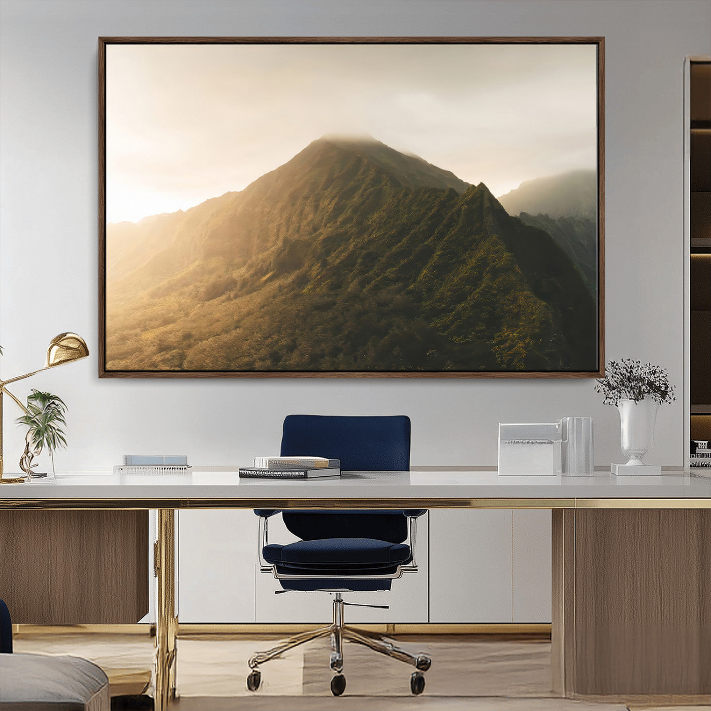 MGV-FC-36X24 - Golden Mountain Wall Art Canvas Print, Framed Misty Summit Art Picture Print, Rugged Landscape Perfect Moody Wilderness Decor Artwork