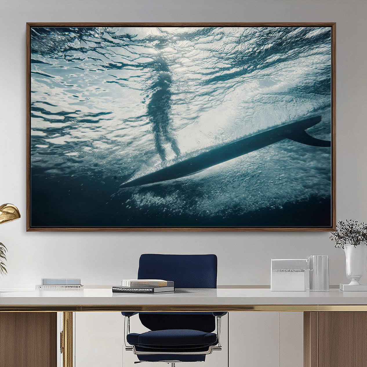 71192524-MGV-CV-36X24-Underwater Surf Wall Art – Framed Ocean Wave Canvas Artwork, Aquatic Surfboard Design, Modern Coastal Decor for Home, Office