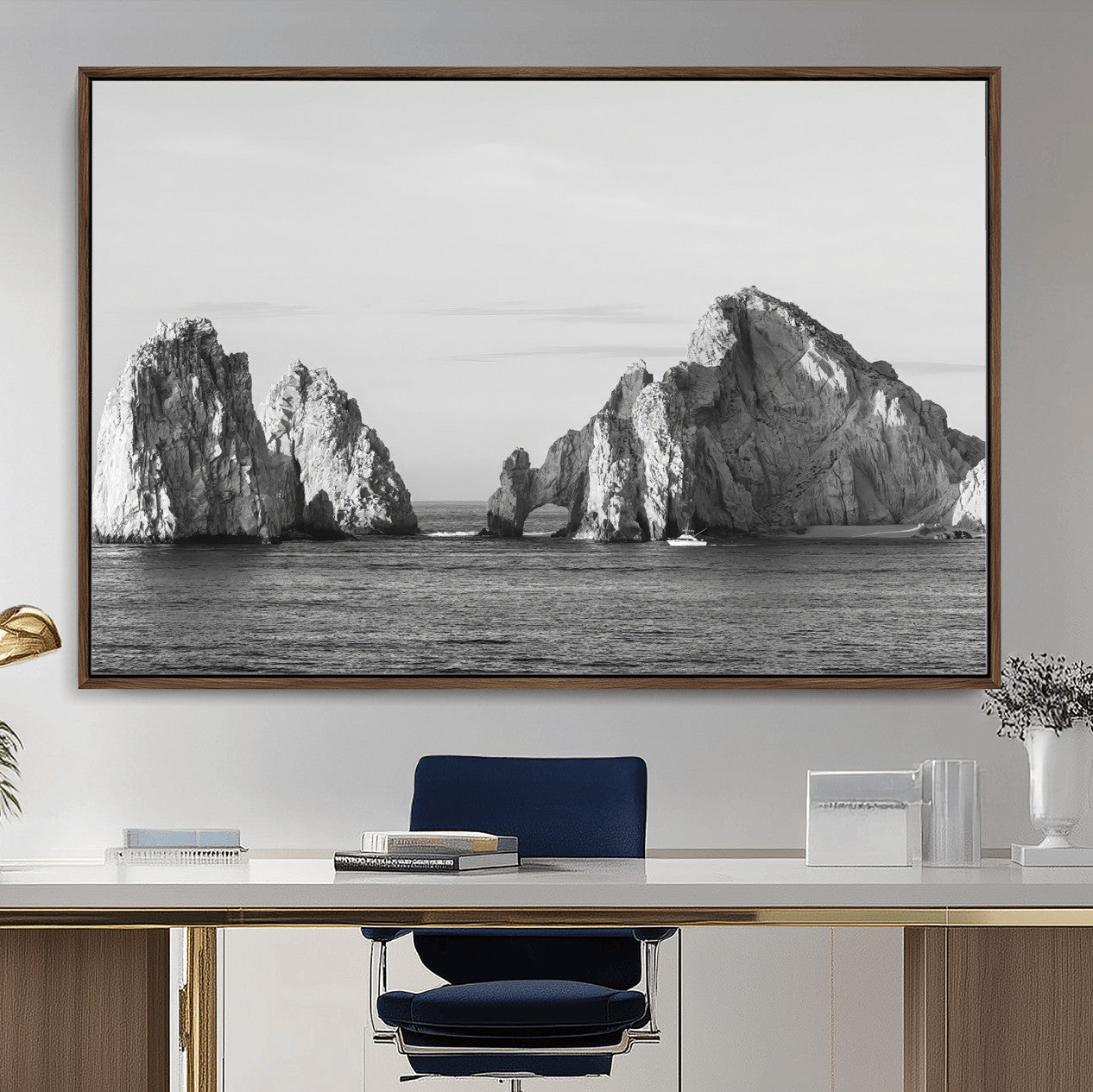 18810731-MGV-CV-36X24-Coastal Rock Arch Wall Art – Framed Black White Ocean Canvas Artwork, Natural Cliff Design, Minimal Decor for Home, Office