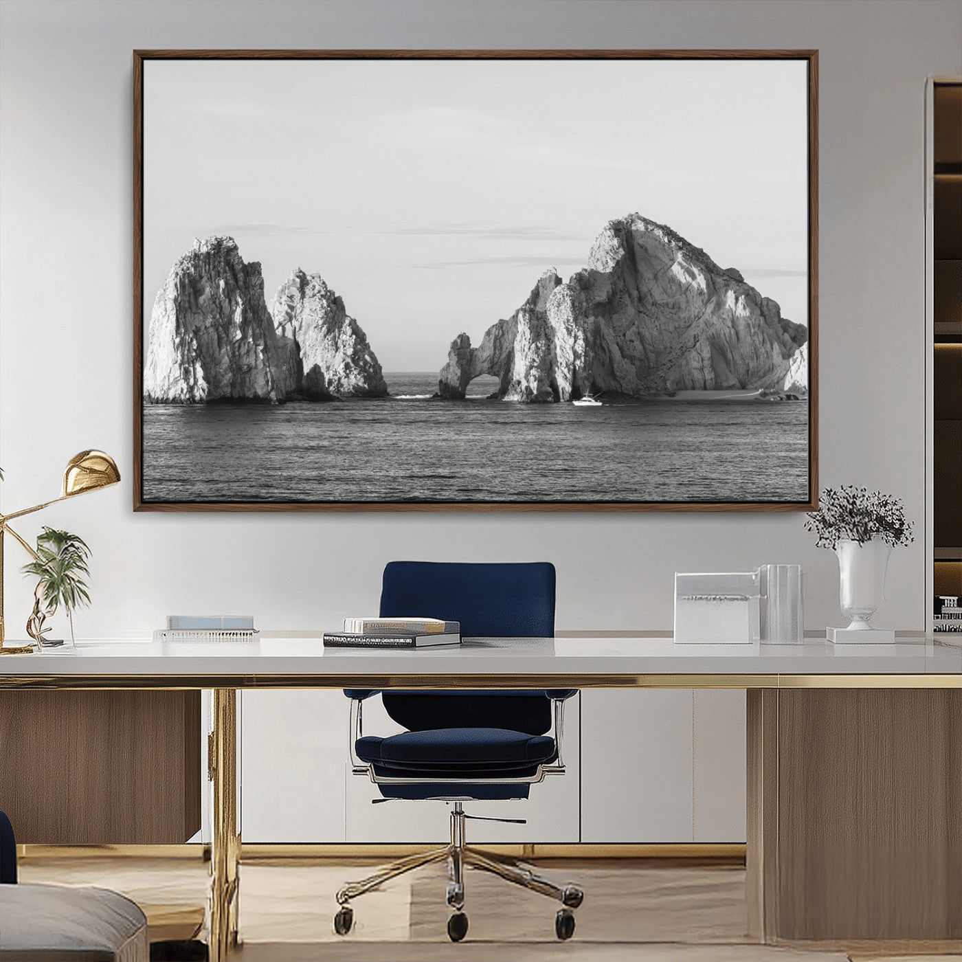 MGV-FC-36X24 - Rugged Coastline Wall Art Canvas Print, Framed Ocean Cliffs Art Picture Print, Monochrome Seascape Perfect Coastal Minimalist Decor Artwork