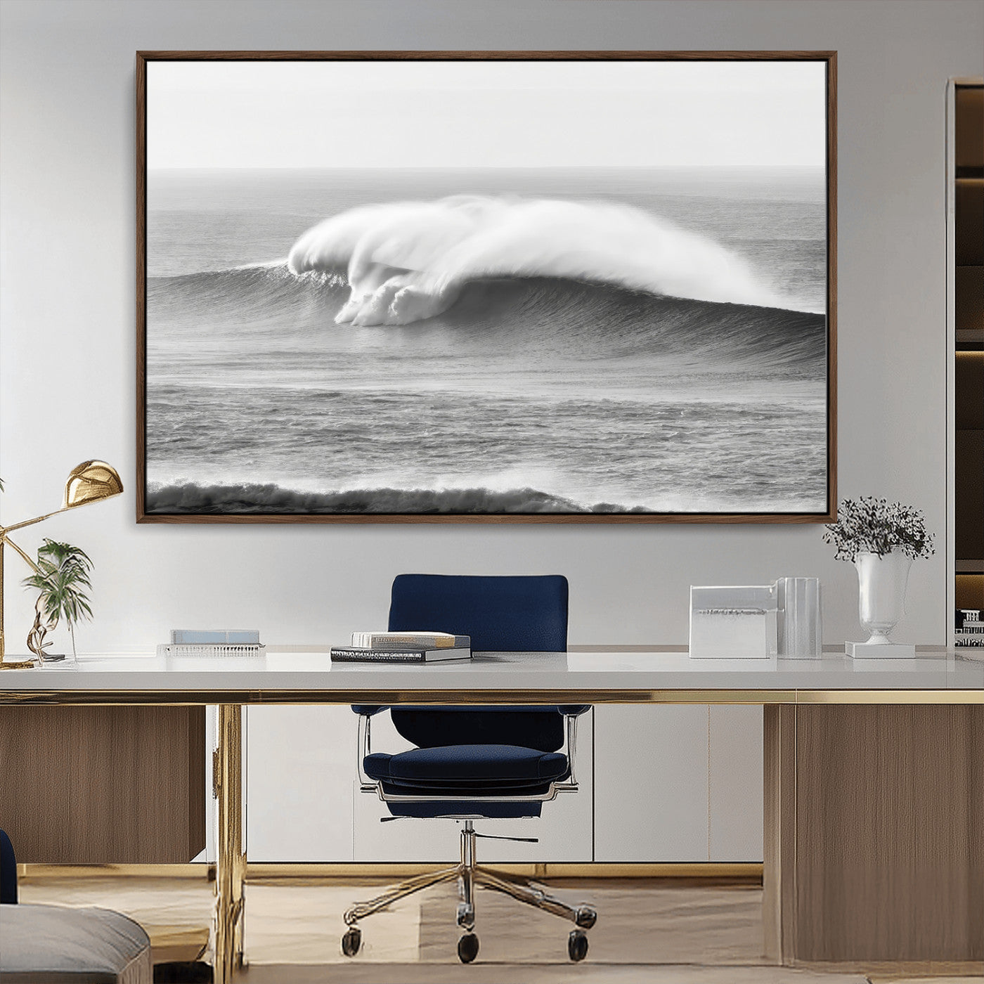 A dramatic black and white ocean wave crashing with immense force, capturing the raw power and movement of the sea in a bold seascape.