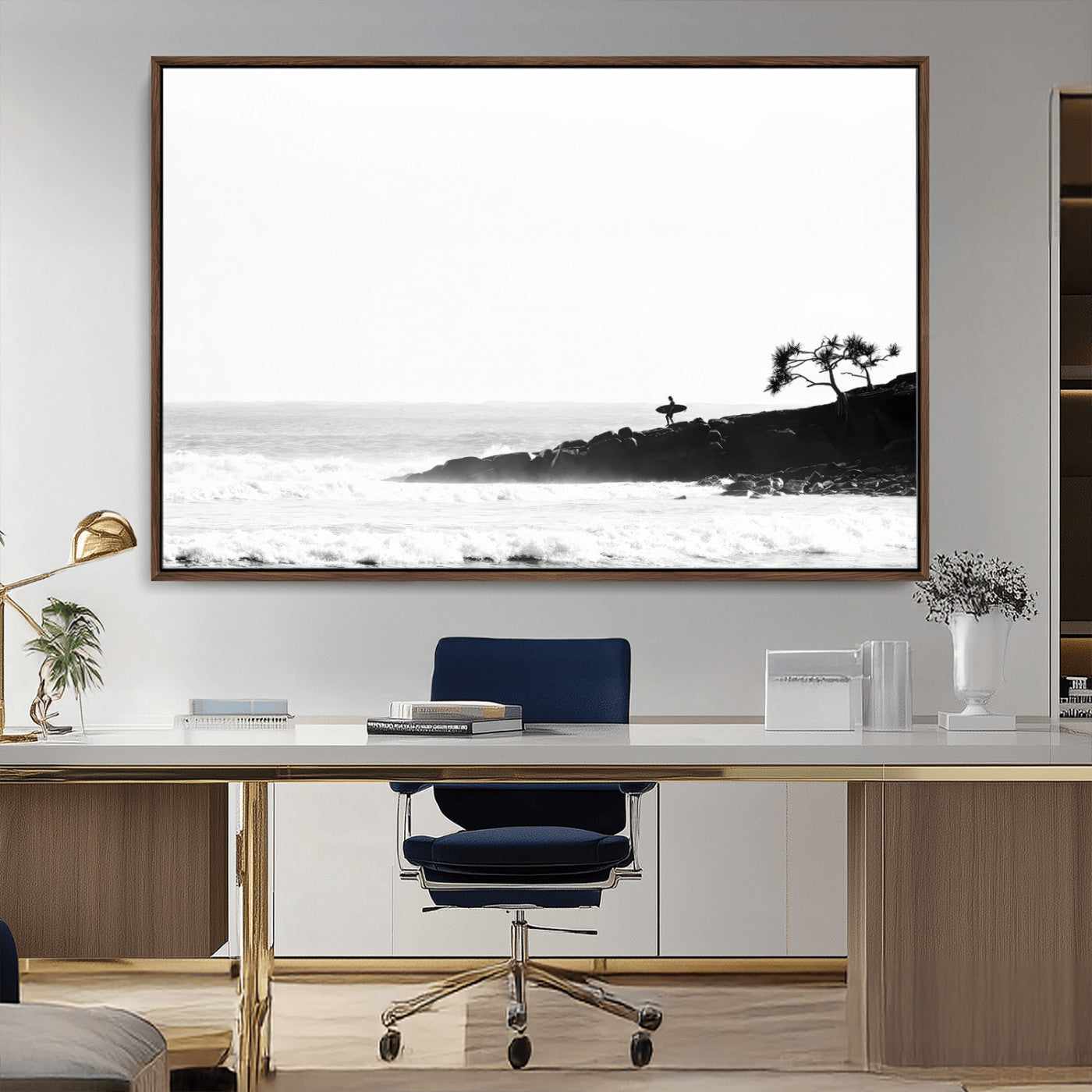 MGV-FC-36X24 - SurferCliffs Wall Art Canvas Print, Framed Black White Beach Art Picture Print, Ocean Waves Perfect Minimalist Coastal Decor Artwork