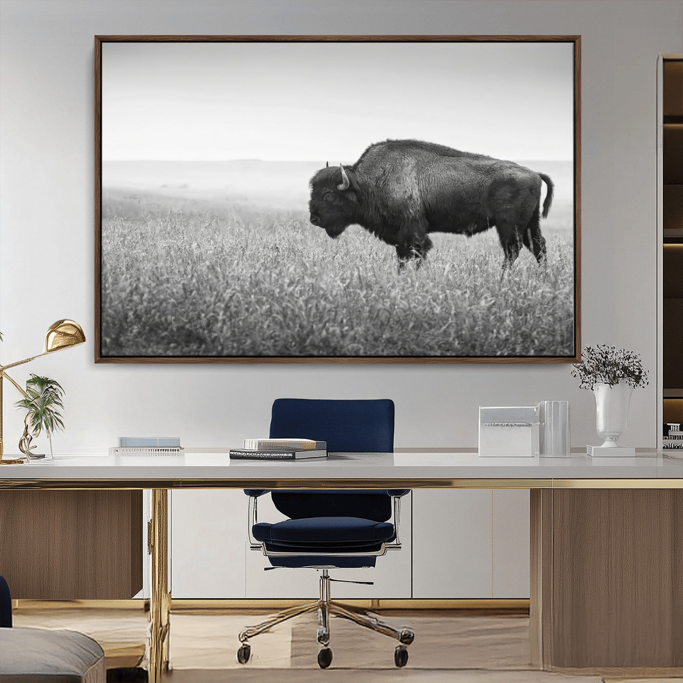 A black and white photograph of a majestic bison standing in a vast grassy prairie, evoking a sense of wilderness and strength.