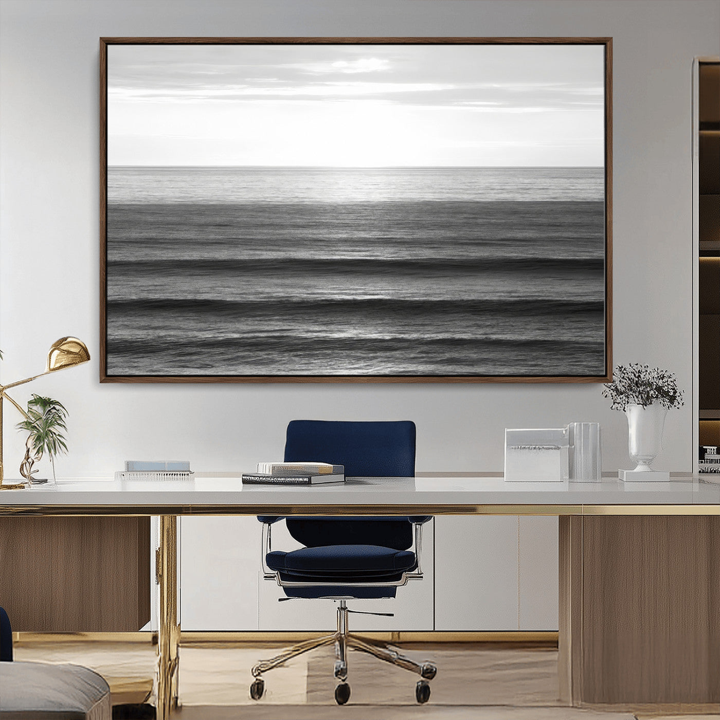 Minimalist black and white ocean view with layered waves reflecting sunlight, evoking a sense of calm and coastal serenity.