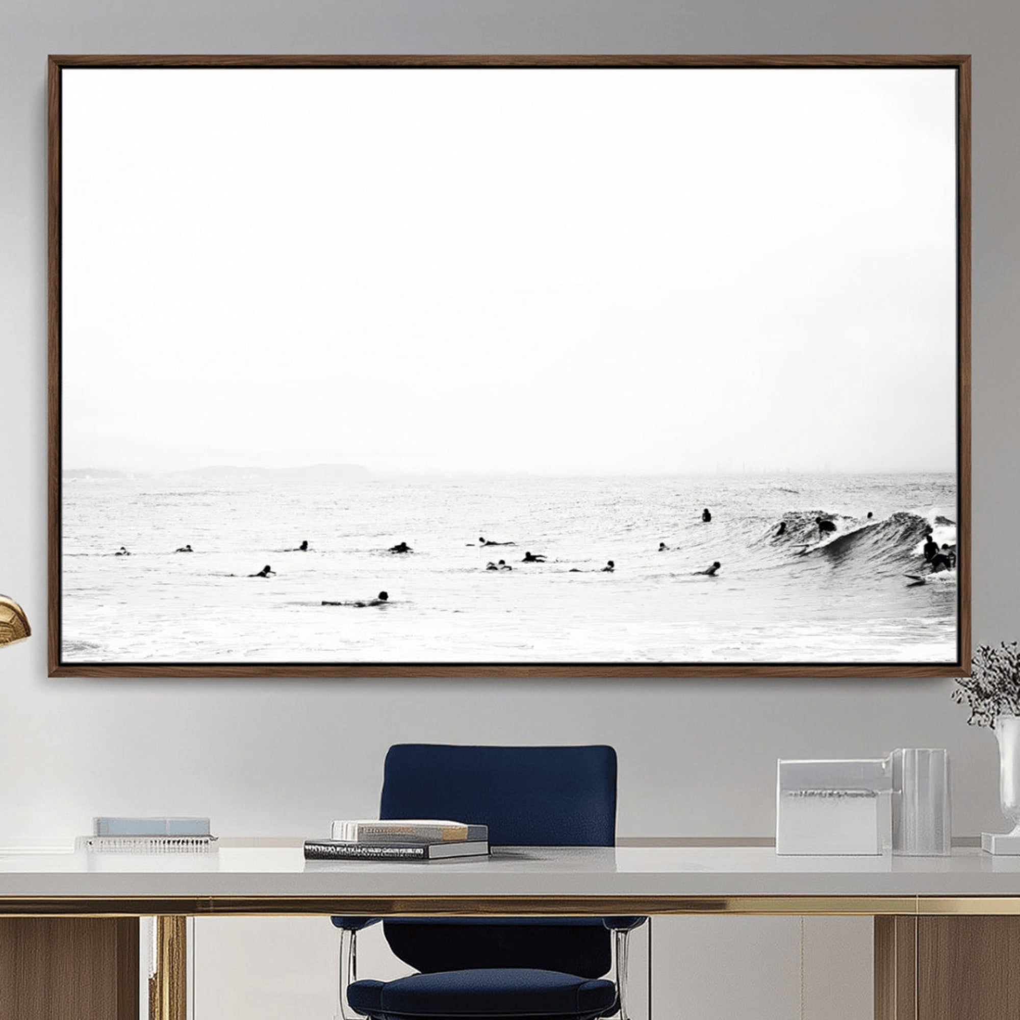 -Monochrome Swimming Wall Art Canvas Print – Framed Ocean Horizon Scene with Moody Coastal Artwork for Home, Office