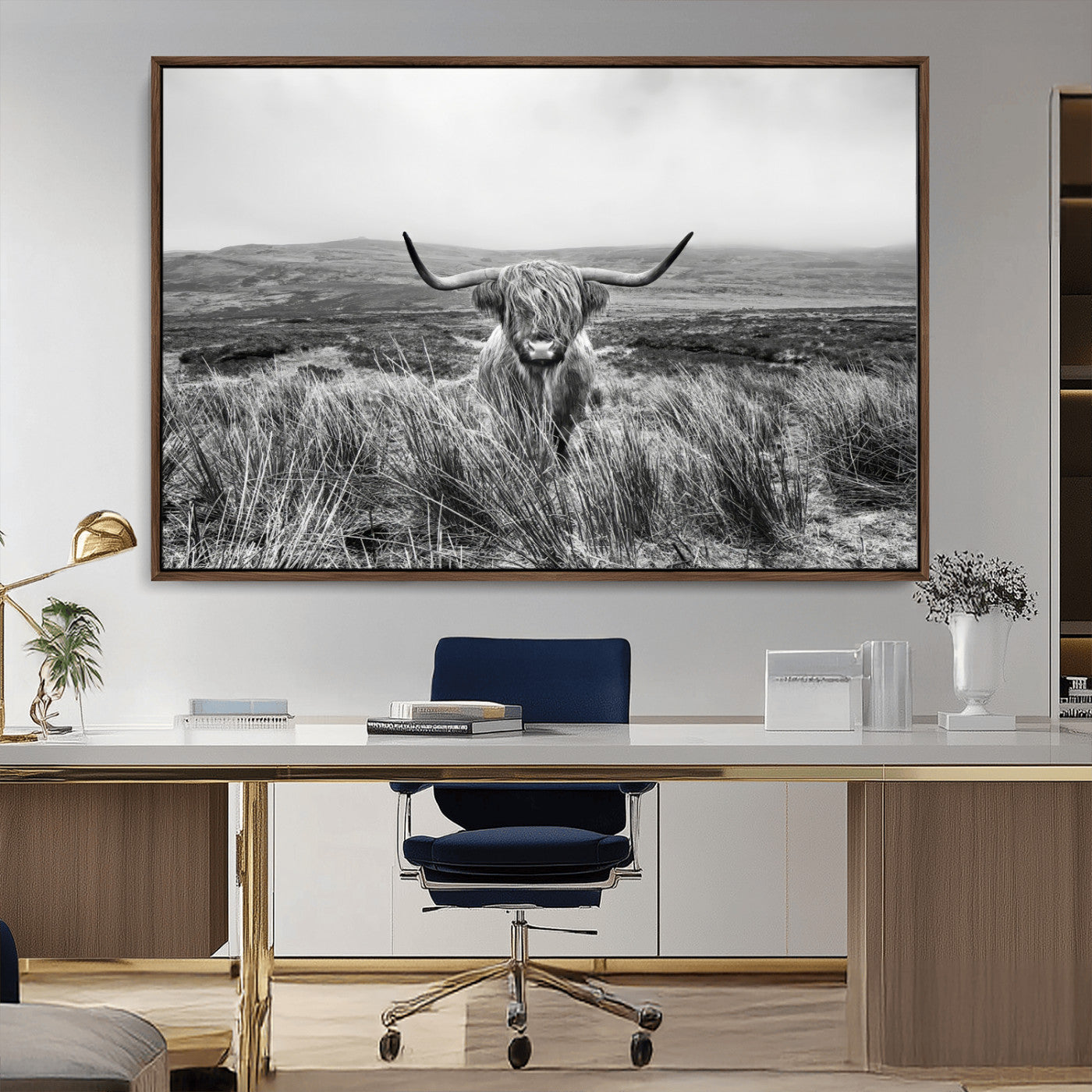 A black and white portrait of a Highland cow in a foggy Scottish countryside, capturing a rustic aesthetic and tranquil farm escape.