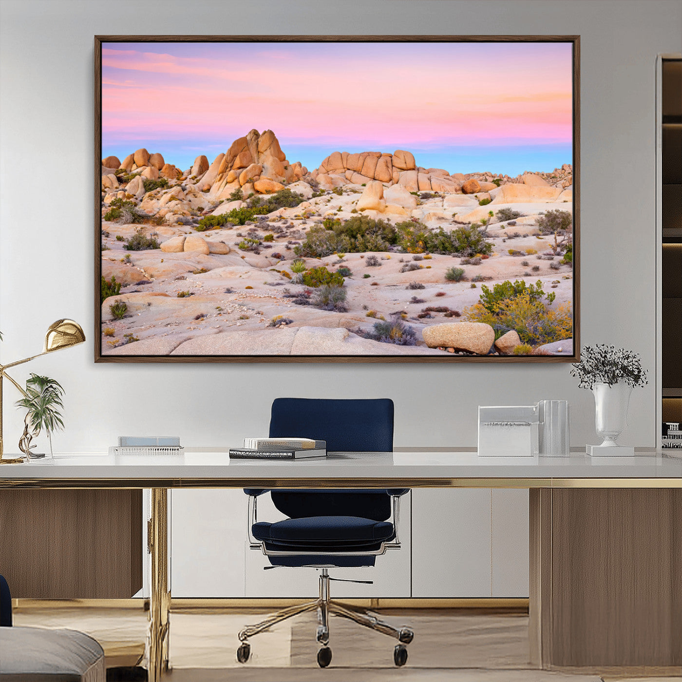 A breathtaking desert landscape featuring rugged rock formations under a vibrant pastel sunset sky, capturing the warmth and serenity of a Southwestern wilderness.