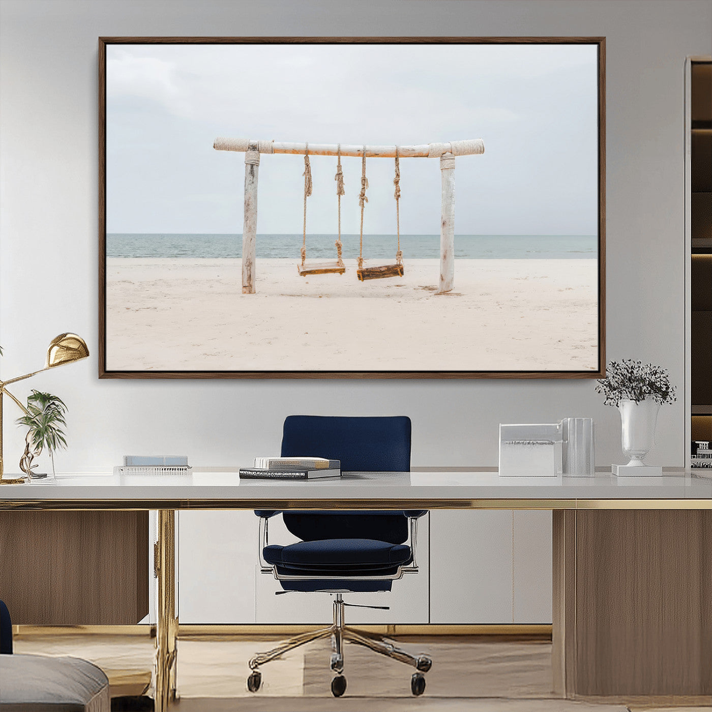 A rustic wooden beach swing stands on a serene sandy shore with an ocean horizon in the background, creating a tranquil and dreamy coastal escape.