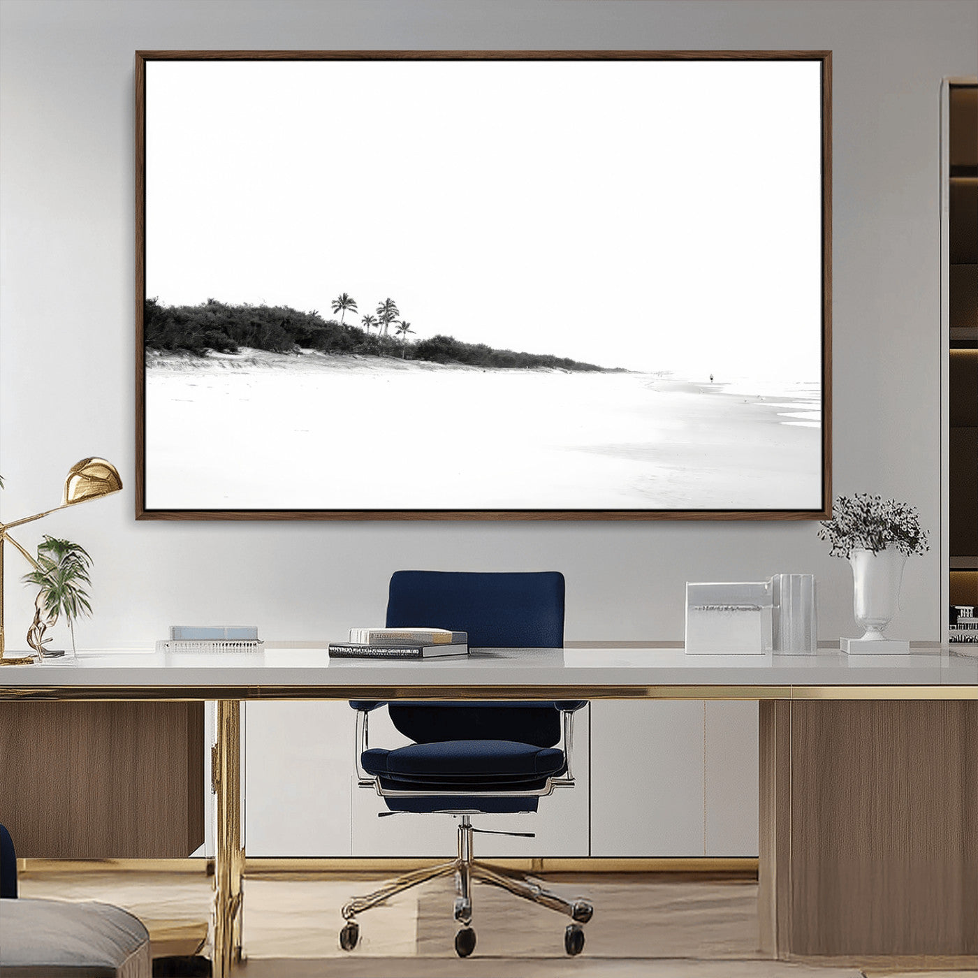 A black and white minimalist coastal scene with a vast open beach, distant palm trees, and a lone figure walking along the shoreline, evoking serenity and solitude.