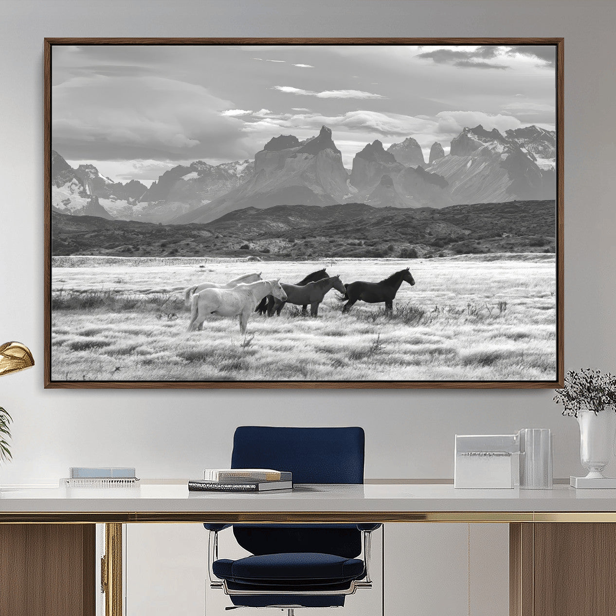 21655040-MGV-CV-36X24-Wild Horses Wall Art – Framed Black White Mountain Canvas Artwork, Rustic Countryside Design, Western Decor for Home, Office