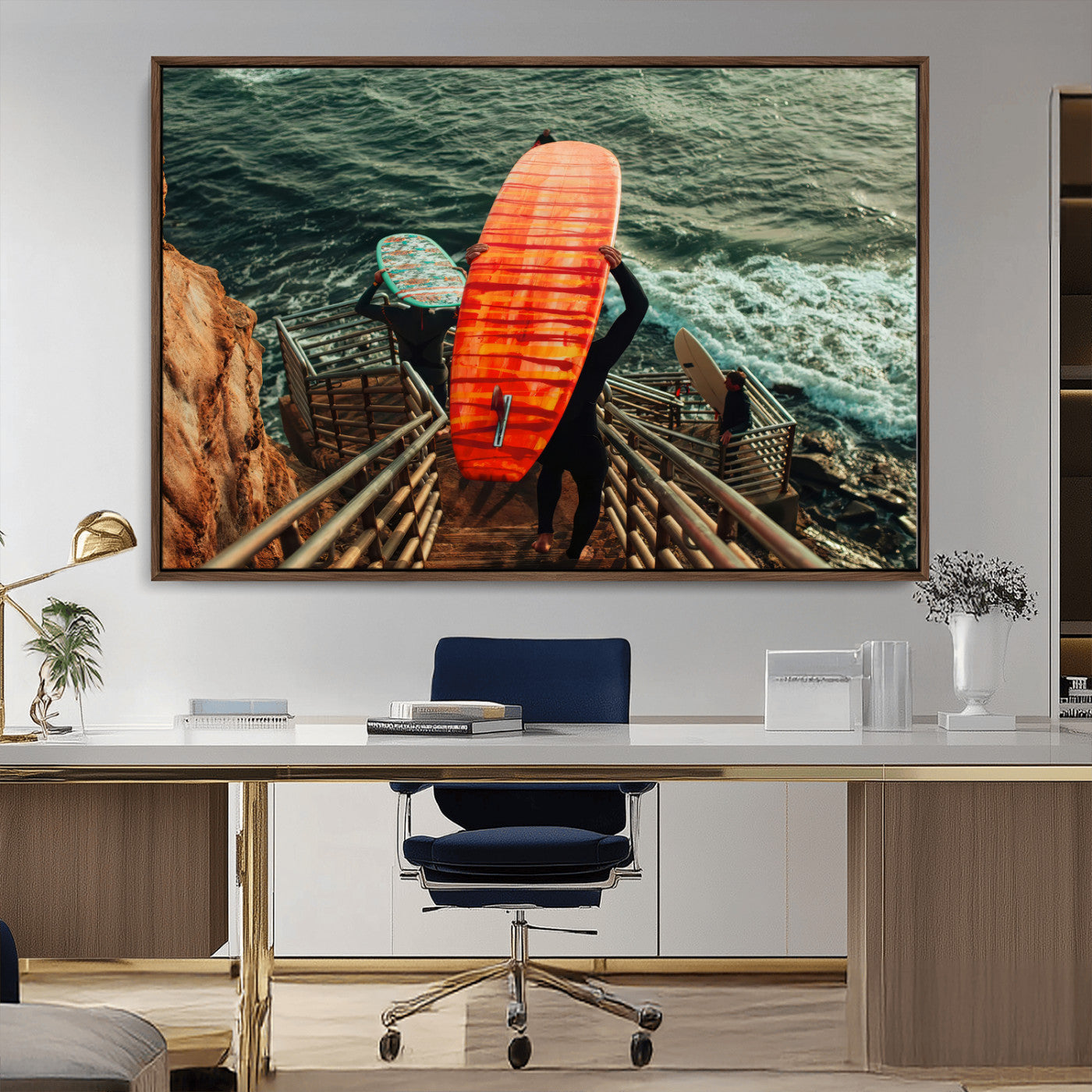 MGV-FC-36X24 - Surfer Stairway Wall Art Canvas Print, Framed Ocean Surf Art Picture Print, Sunset Coastal Perfect Coastal Adventure Decor Artwork