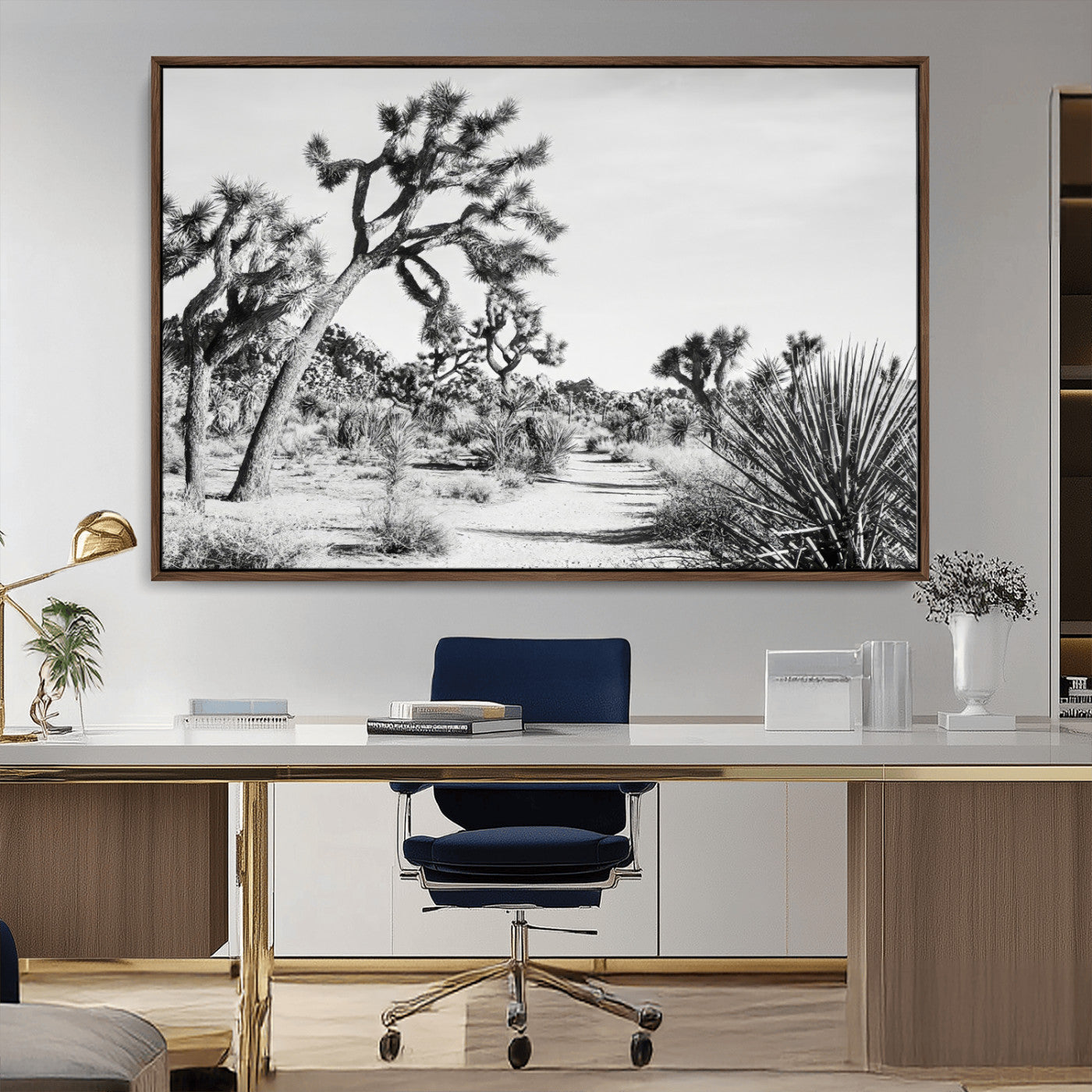 Canvas of a Joshua Tree forest in black and white tones, featuring a desert path and spiky vegetation, ideal for minimalist or rustic decor.