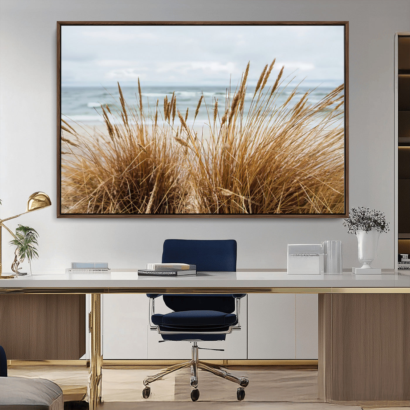Canvas of golden beach grass swaying by the ocean under a soft cloudy sky, perfect for neutral-toned or coastal minimalist decor.