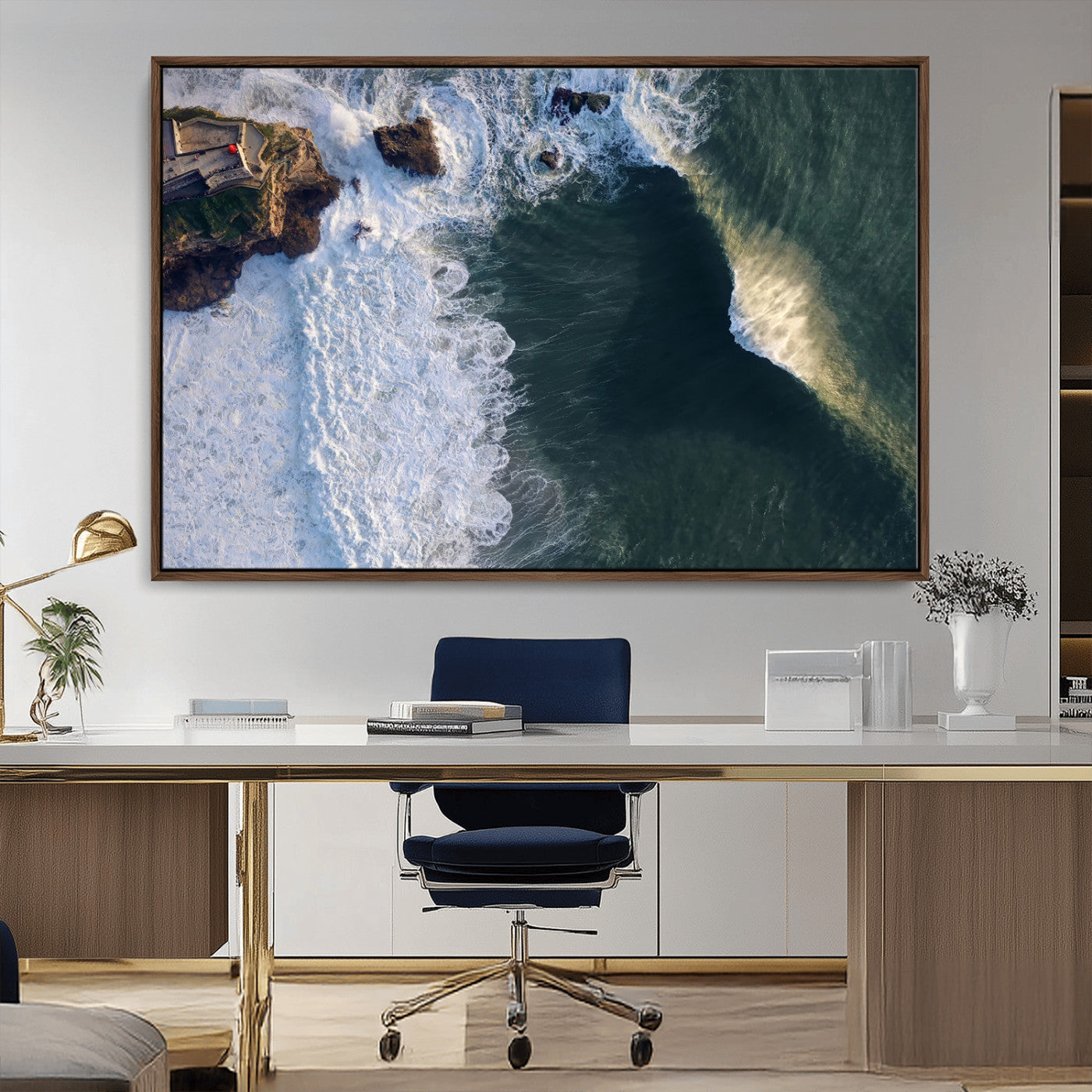 MGV-FC-36X24 - Nazaré Coast Wall Art Canvas Print, Framed Aerial Ocean Art Picture Print, Coastal Fortress Perfect Dramatic Coastal Decor Artwork