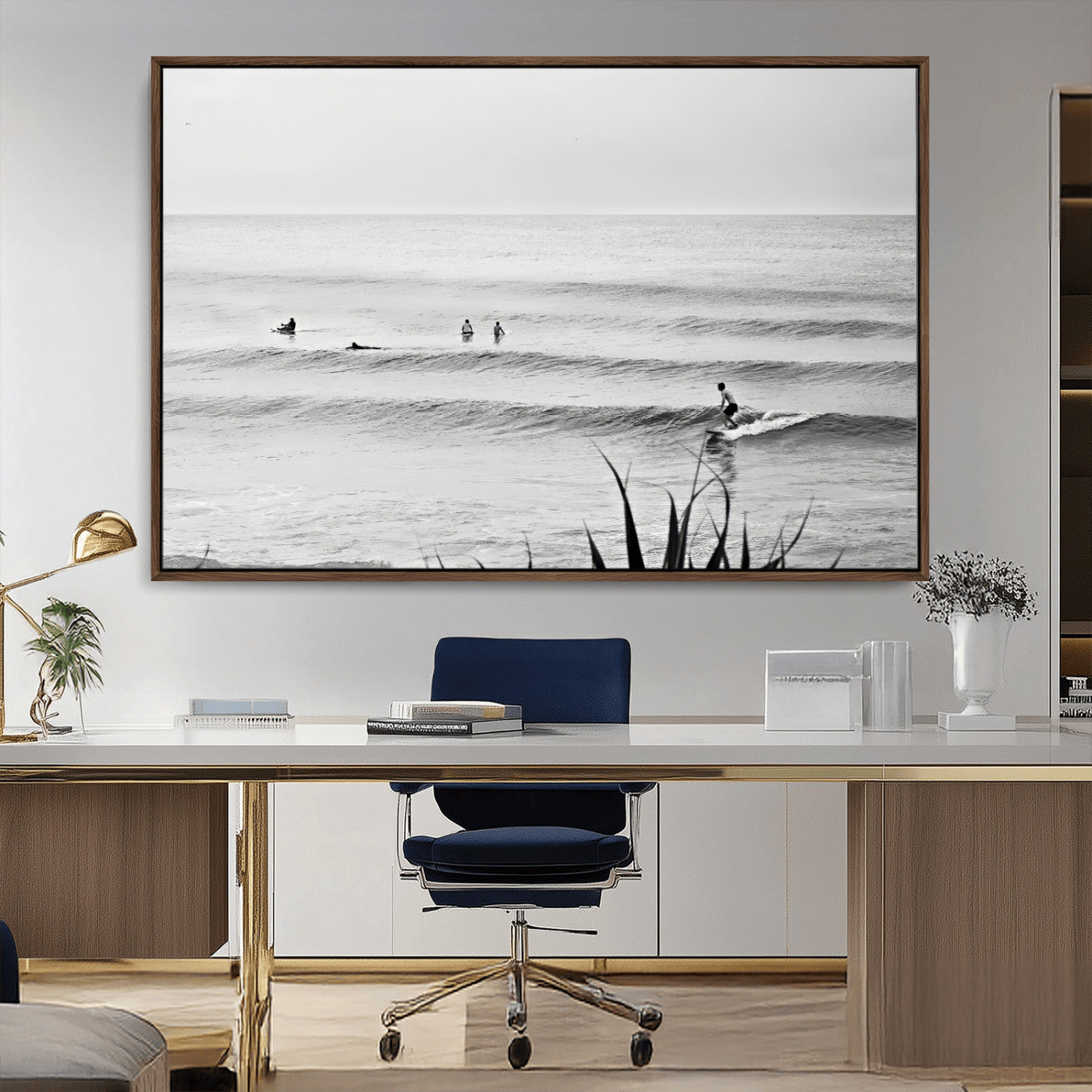 Monochrome canvas of surfers on calm ocean waves, ideal for minimalist coastal or beach-inspired interior decor.