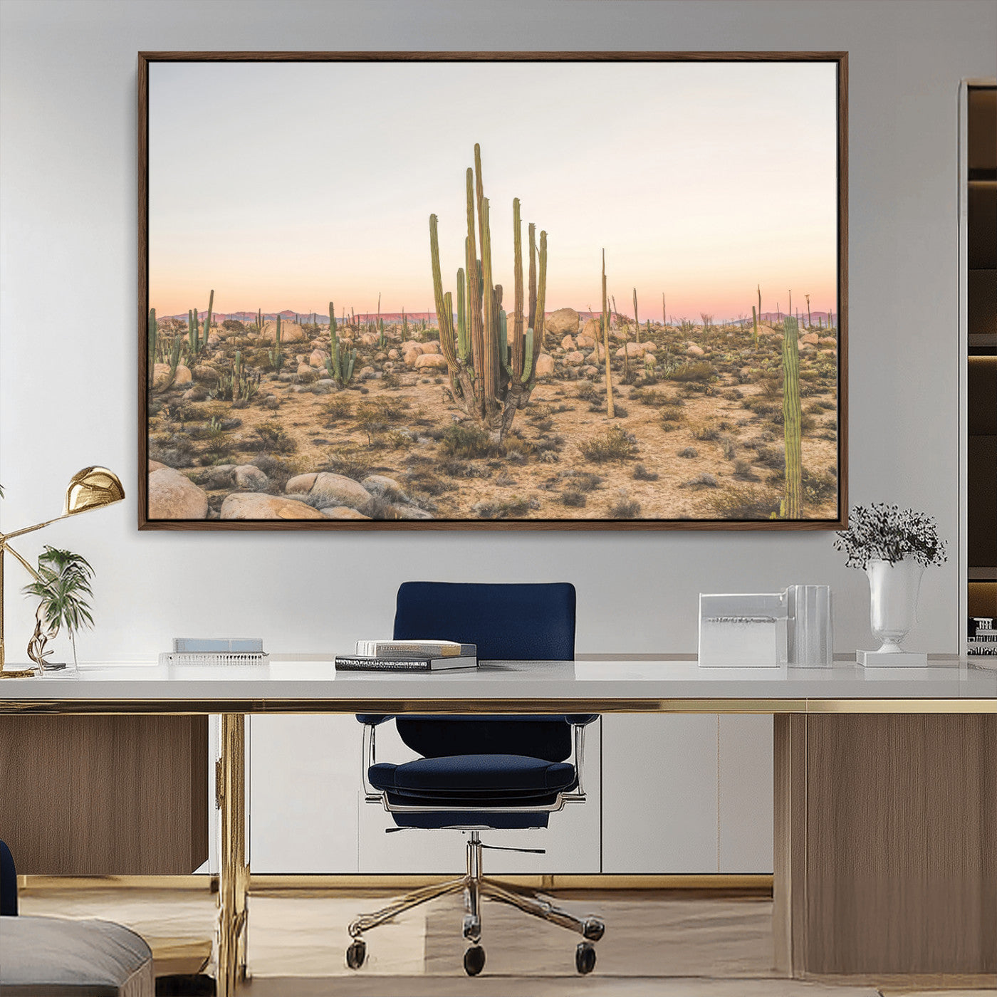 Canvas of tall desert cacti in warm sunset tones over a rocky Baja landscape, ideal for earthy or Southwestern-style home decor.