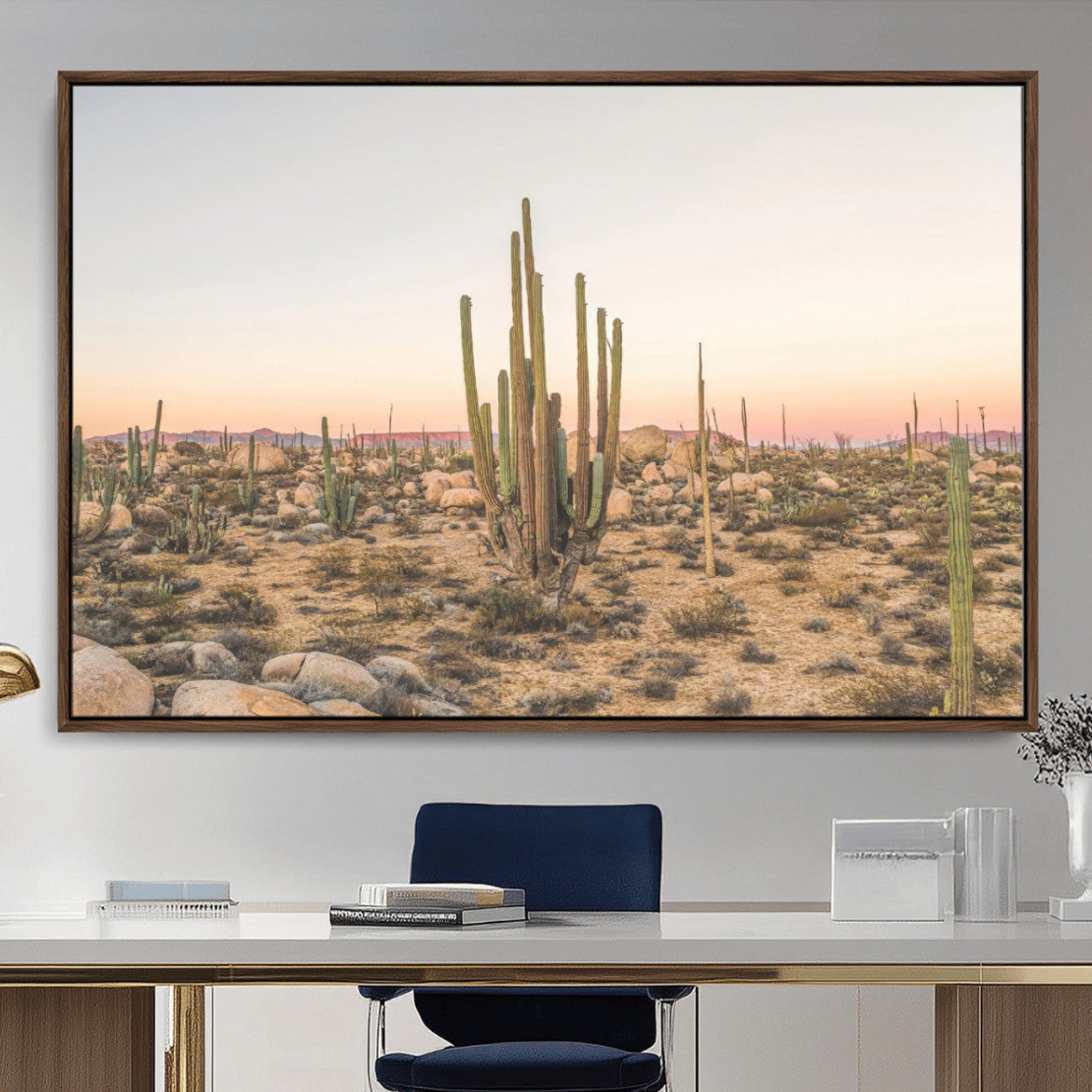 Canvas of tall desert cacti in warm sunset tones over a rocky Baja landscape, ideal for earthy or Southwestern-style home decor.