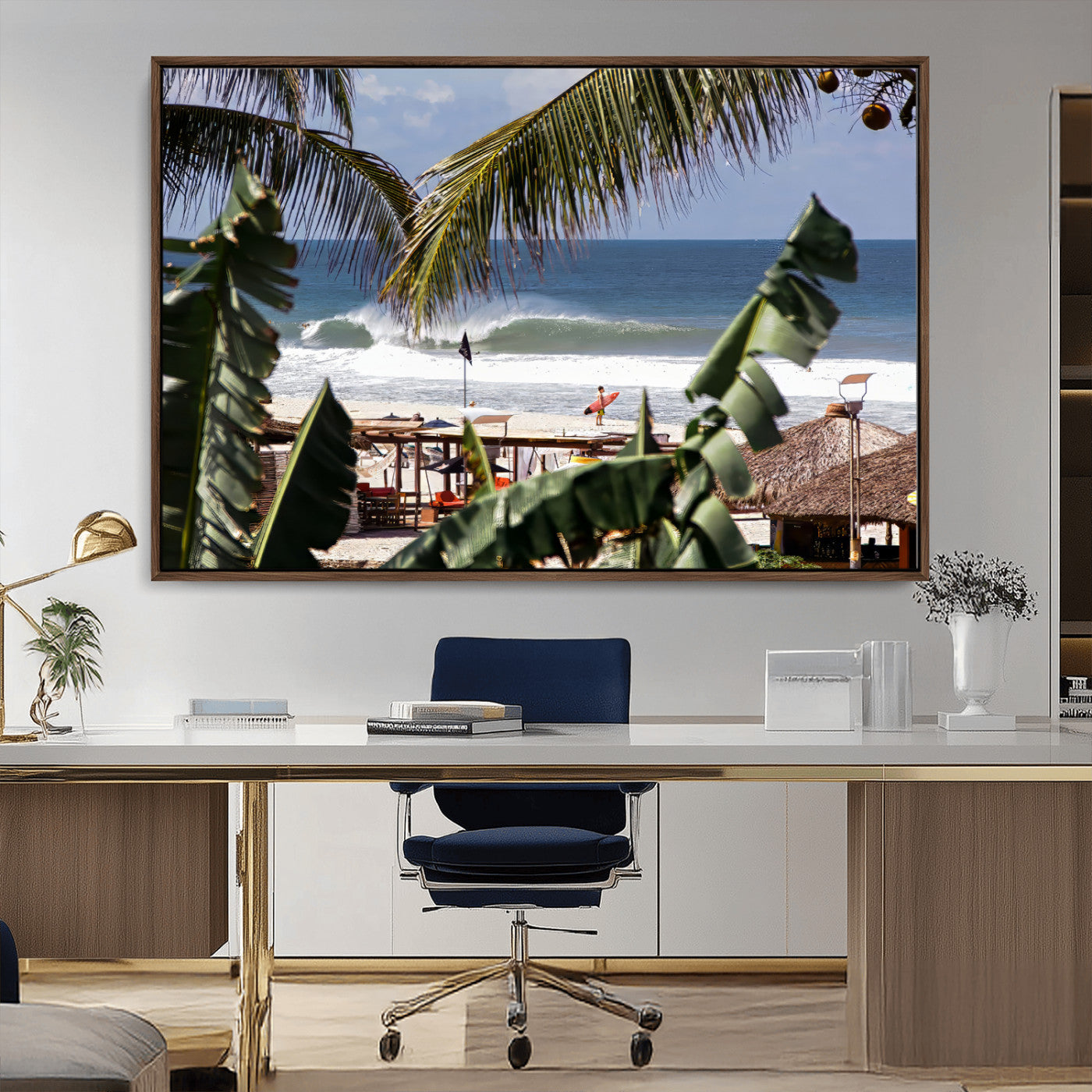 Canvas wall art of a tropical surf scene framed by palm trees, with a surfer on the shore and waves rolling in, ideal for beach-themed decor.