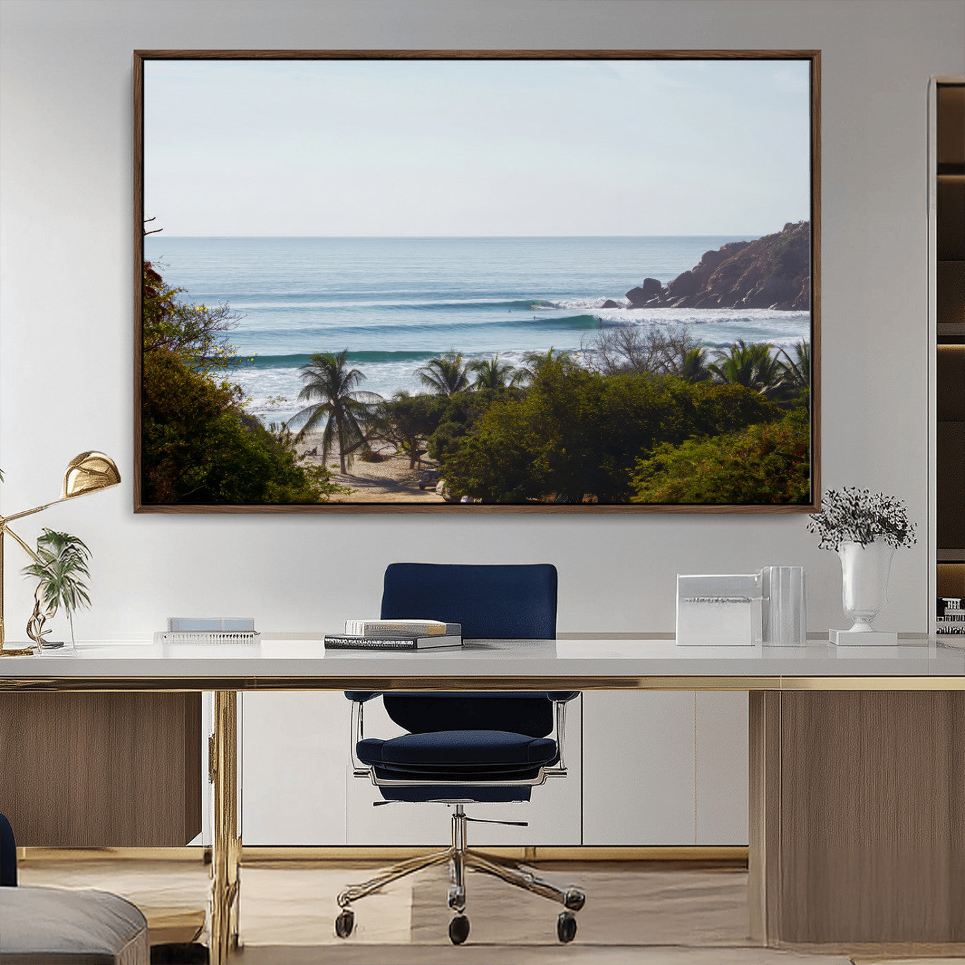 View of calm ocean waves with palm trees and a tropical coastline, ideal for coastal boho or beach-themed wall decor.
