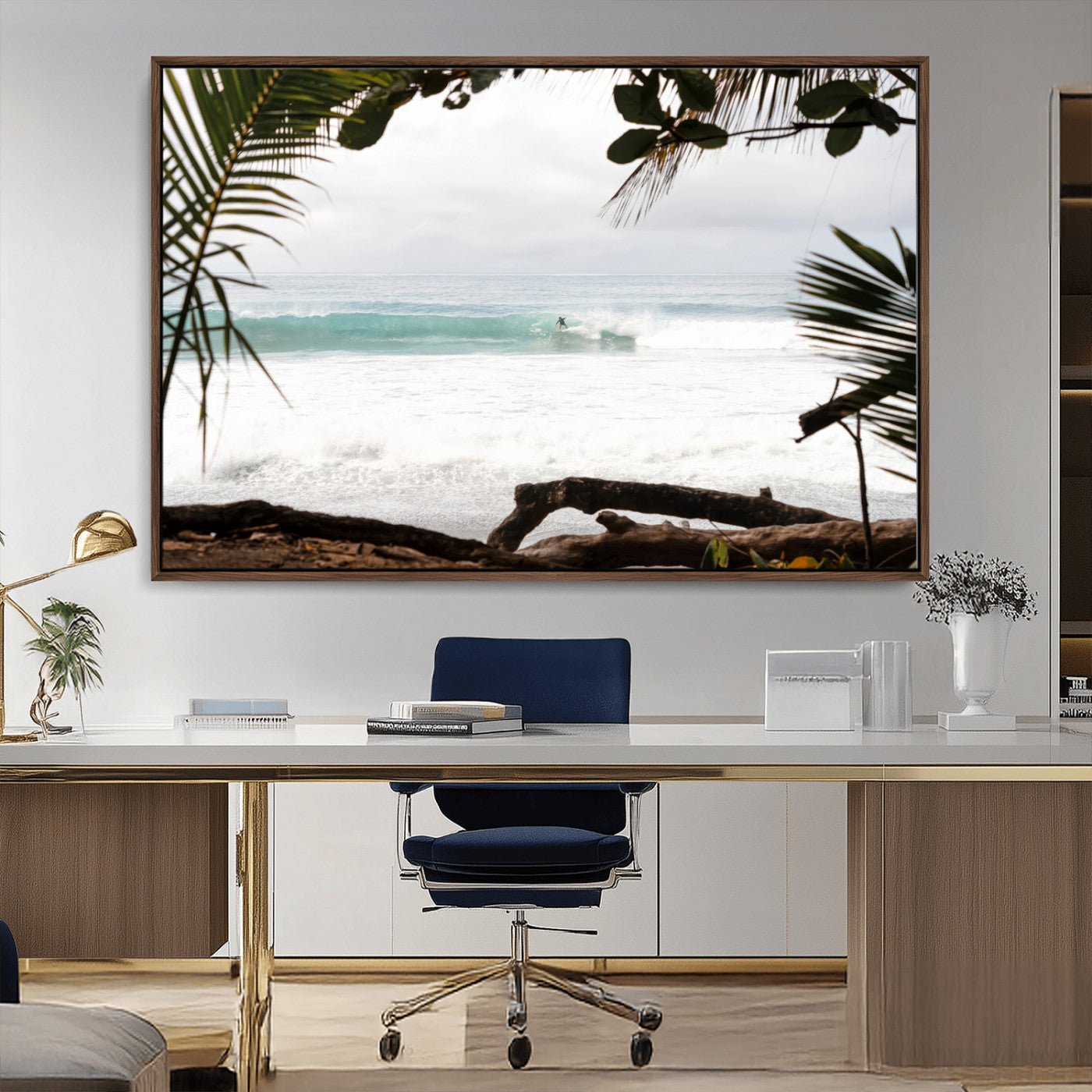 Tropical beach view with palm trees and surfer riding a wave, perfect for boho or coastal-inspired interior wall decor.