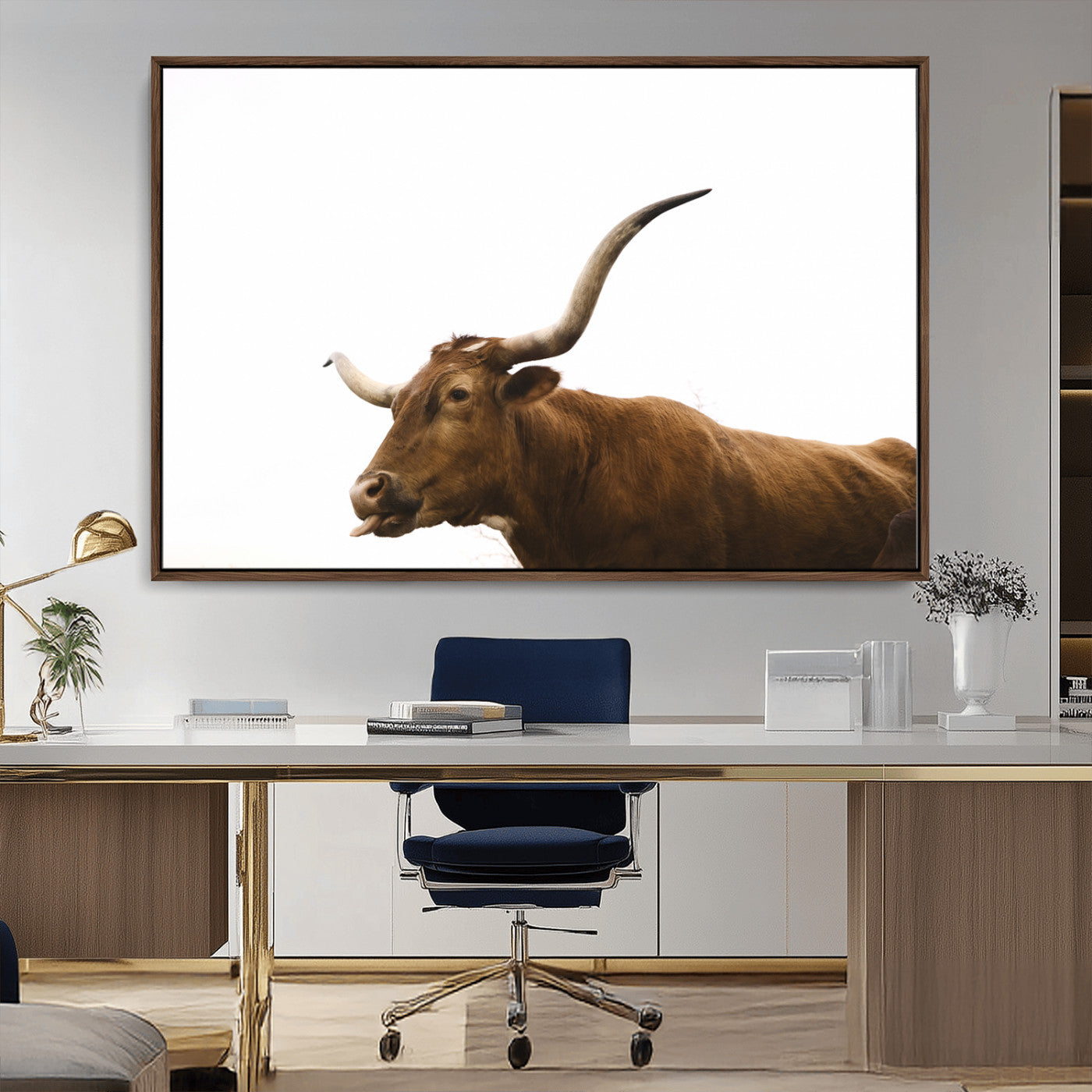 Side view of a brown Longhorn cow with curved horns on white background, perfect for rustic farmhouse or western-style home decor.
