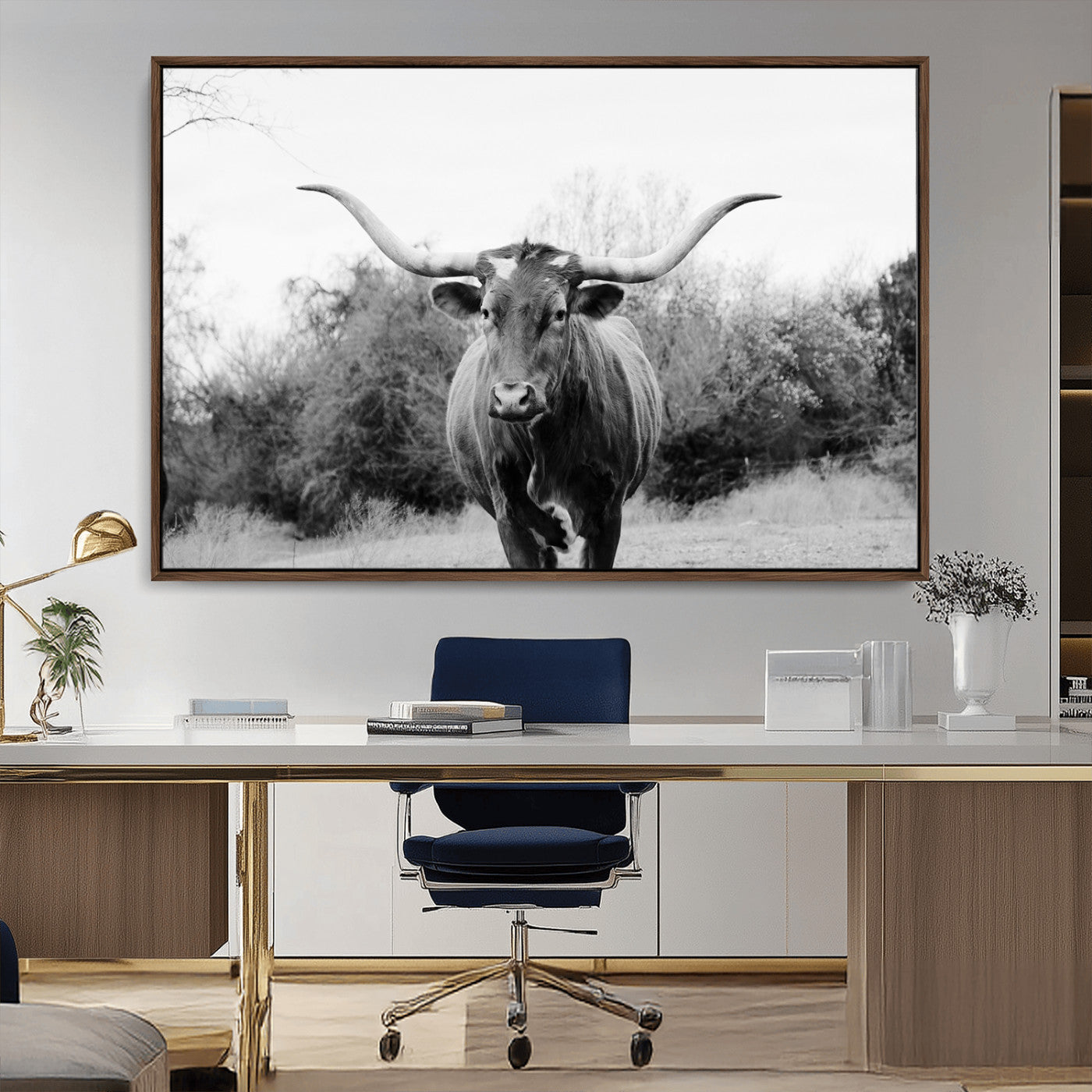 Black and white photo of a Longhorn cow facing camera, ideal for rustic, farmhouse, or western-themed home wall decor.