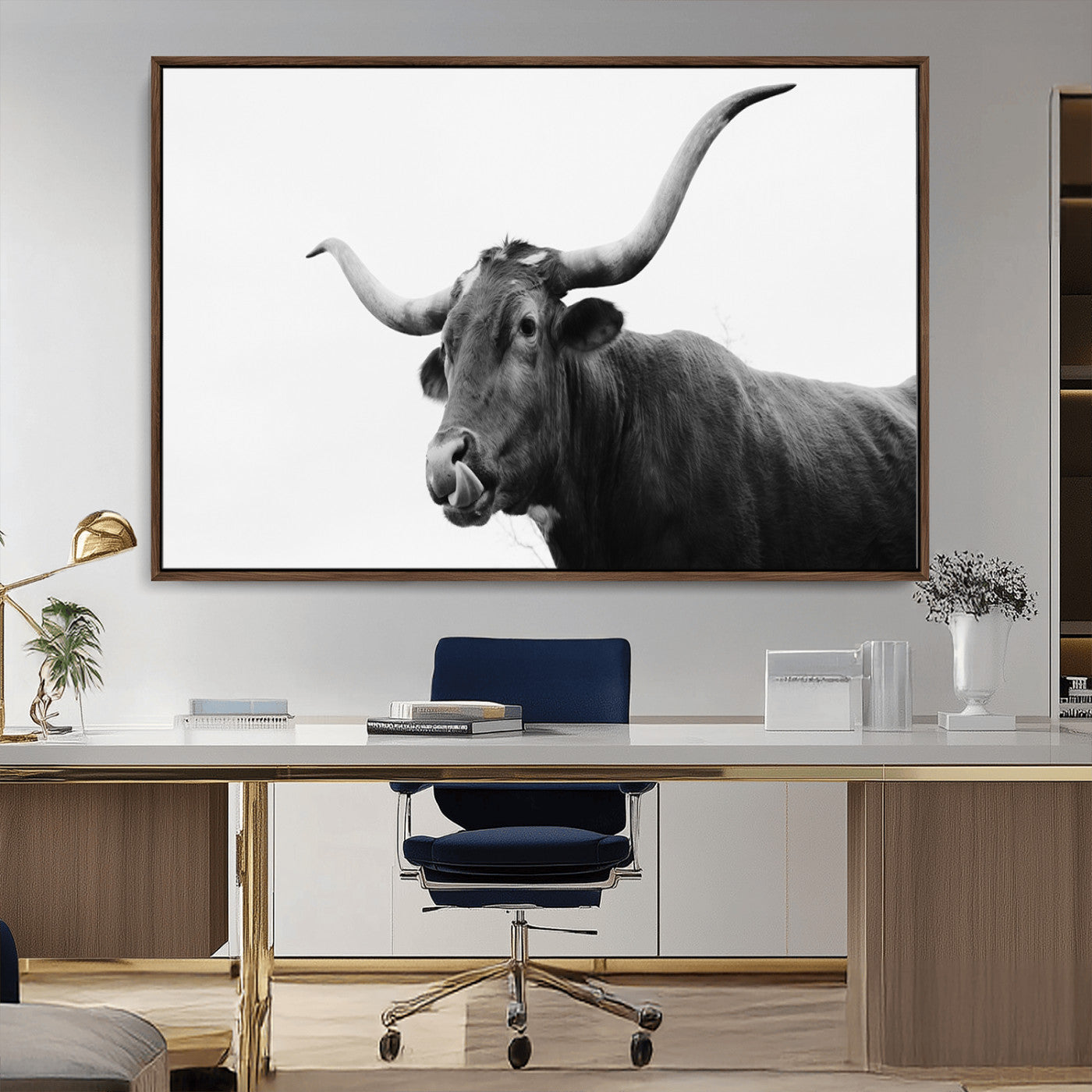 Black and white photo of a Texas Longhorn cow with curved horns, ideal for rustic, western or minimalist style home decor.