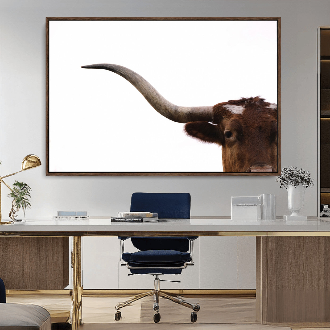 Close-up of Texas Longhorn horn and eye on white background, perfect for minimalist or modern farmhouse style wall decor.