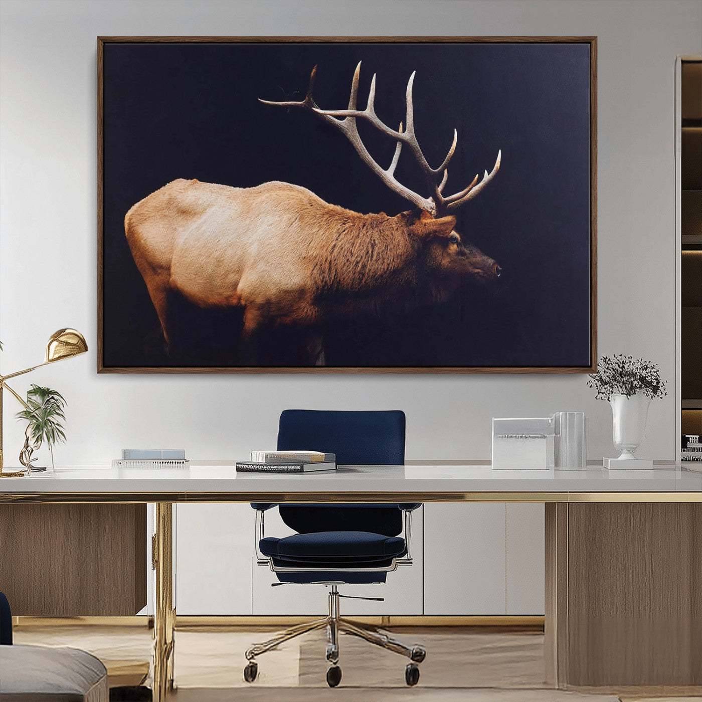 Side profile of an elk with large antlers on dark background, creating a bold rustic statement for cabin or Western-themed decor.