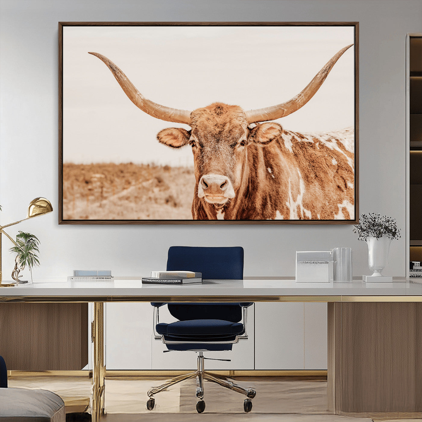 Sepia-toned Texas Longhorn facing forward in a dry field, perfect for rustic farmhouse or western-themed neutral home decor.