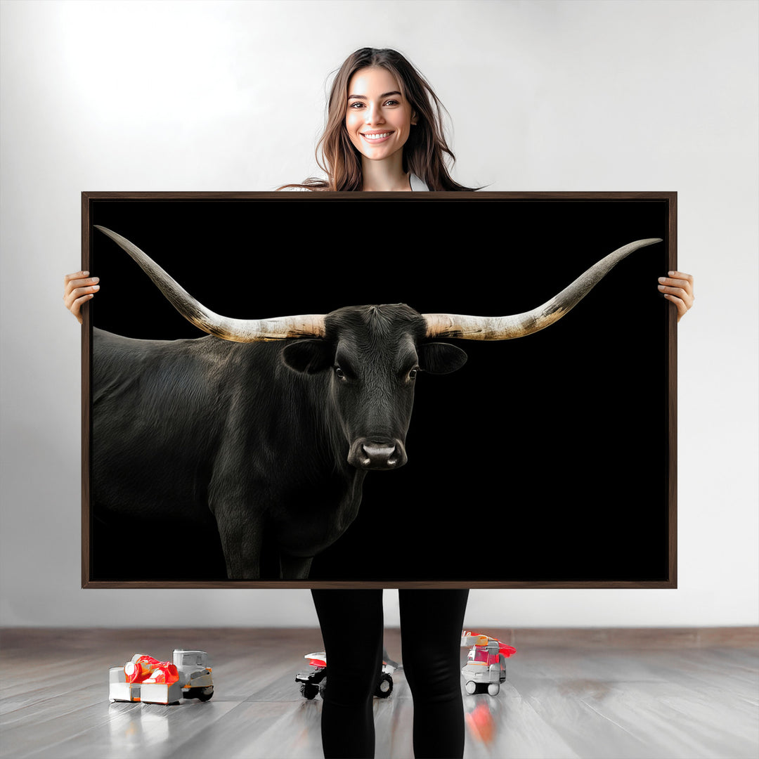 Black White Longhorn Bull Wall Art Canvas Print, Texas Ranch Print, Framed Western Cow Art Print for Farmhouse Decor - Longhorn Print