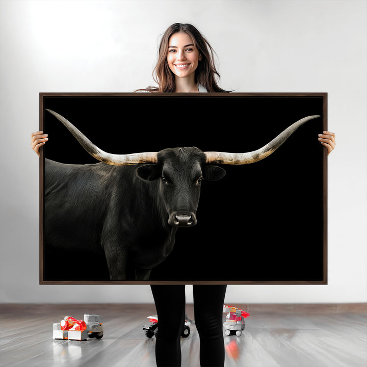 Black White Longhorn Bull Wall Art Canvas Print, Texas Ranch Print, Framed Western Cow Art Print for Farmhouse Decor - Longhorn Print