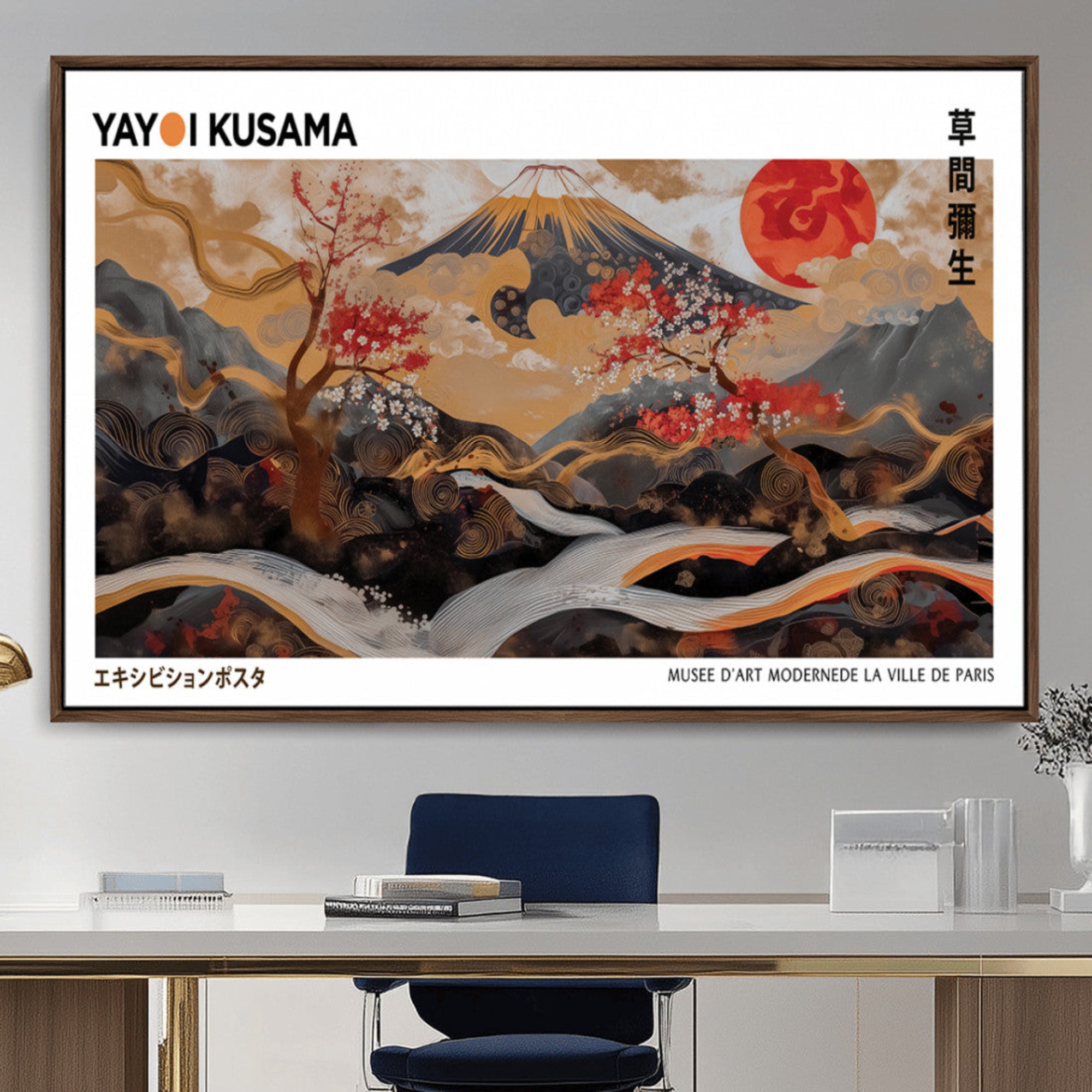 85375874-MGV-CV-36X24-Mount Fuji Wall Art Canvas Print – Framed Abstract Mount Fuji Scene with Yayoi Kusama Artwork for Home, Office