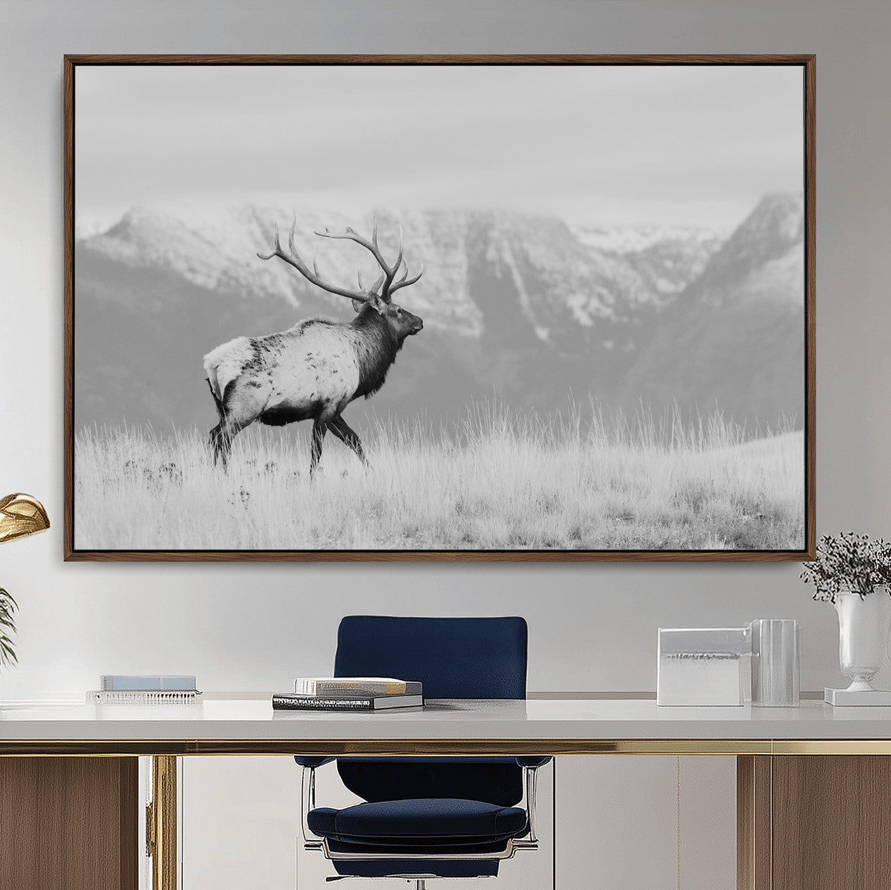 36150391-MGV-FC-36X24 - Wall Art Canvas Print – Majestic Elk Black & White Wilderness, Scenic Mountain and Grassland Landscape, Wildlife Nature Decor for Home or Office