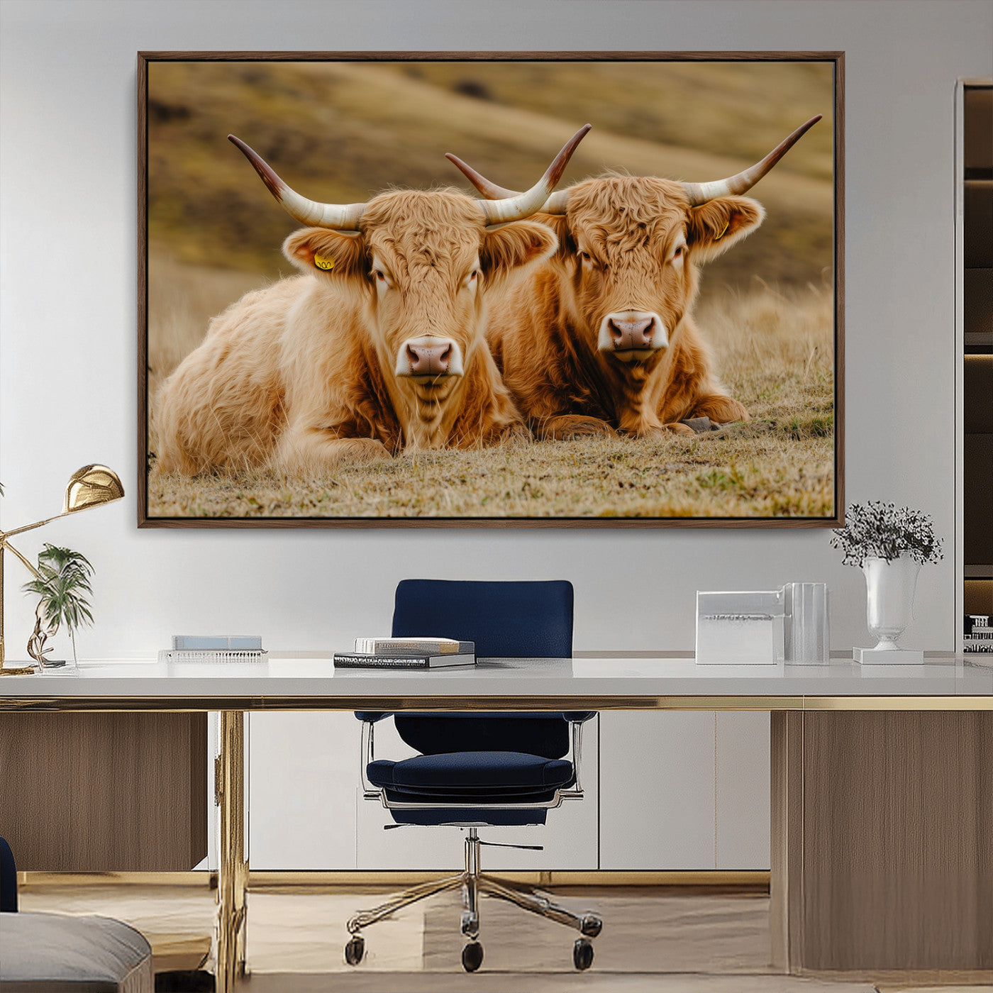 Two Highland cows resting on a golden field with soft focus hills, ideal for rustic farmhouse or cozy cabin style decor.
