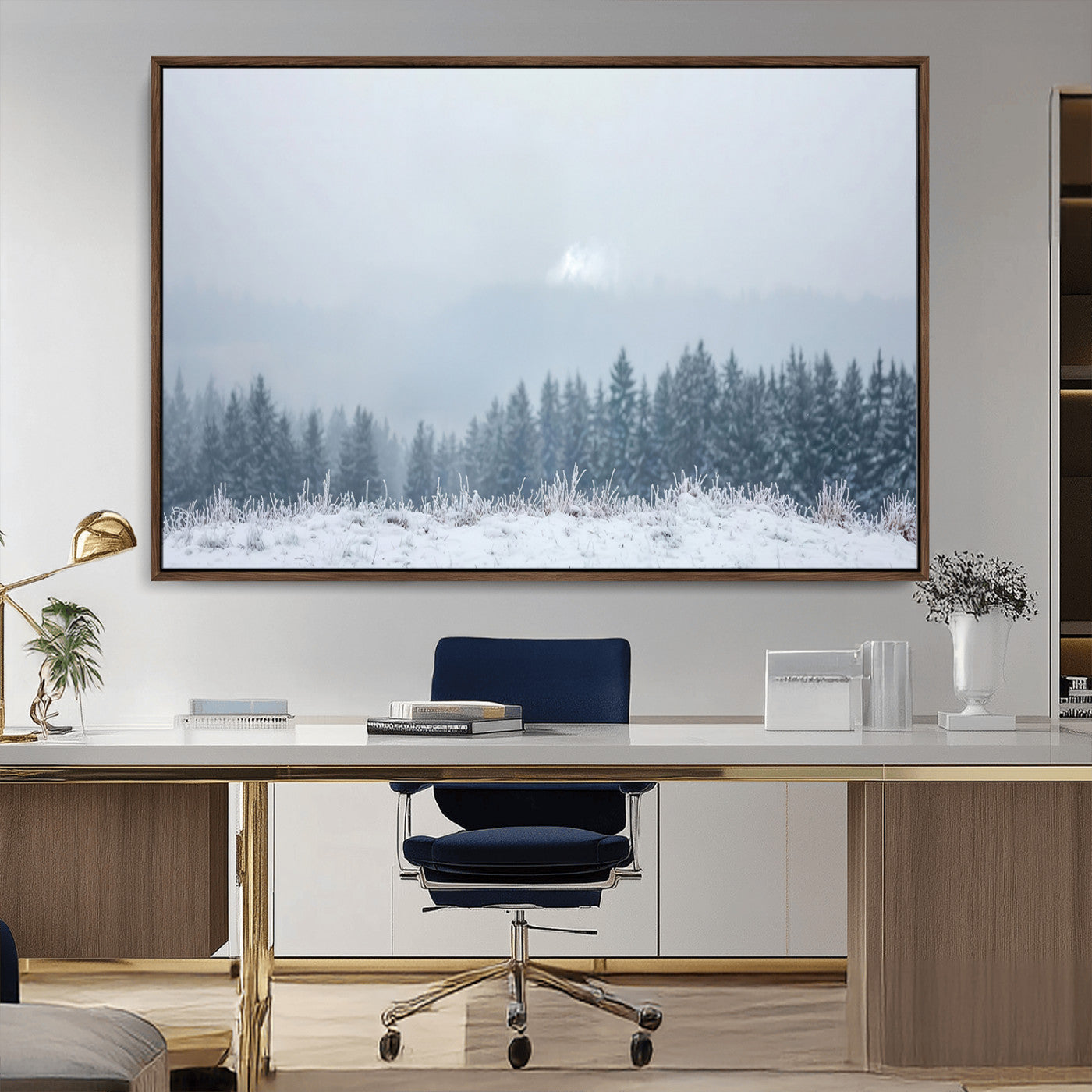 Snow-covered forest under misty sky, soft light breaking through clouds, ideal for minimalist or Nordic-inspired home decor.