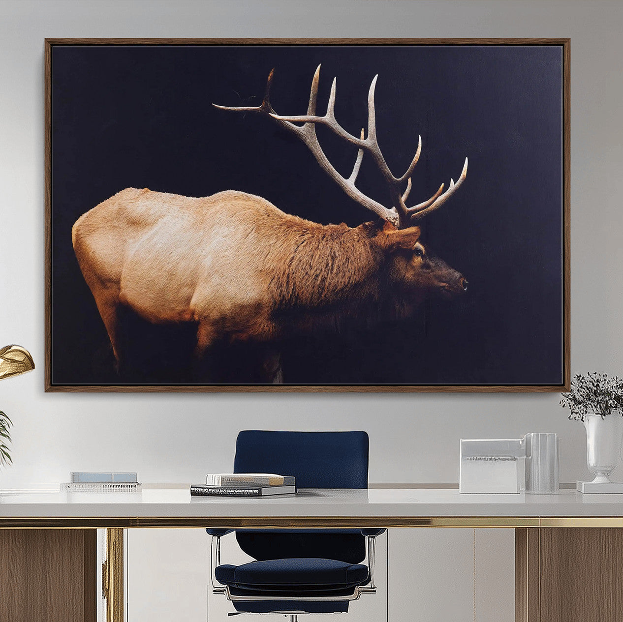 89239257-MGV-FC-36X24 - Rustic Elk Wall Art Canvas Print – Framed Moody Wildlife Art Picture Western Animal Artwork for Home, Office