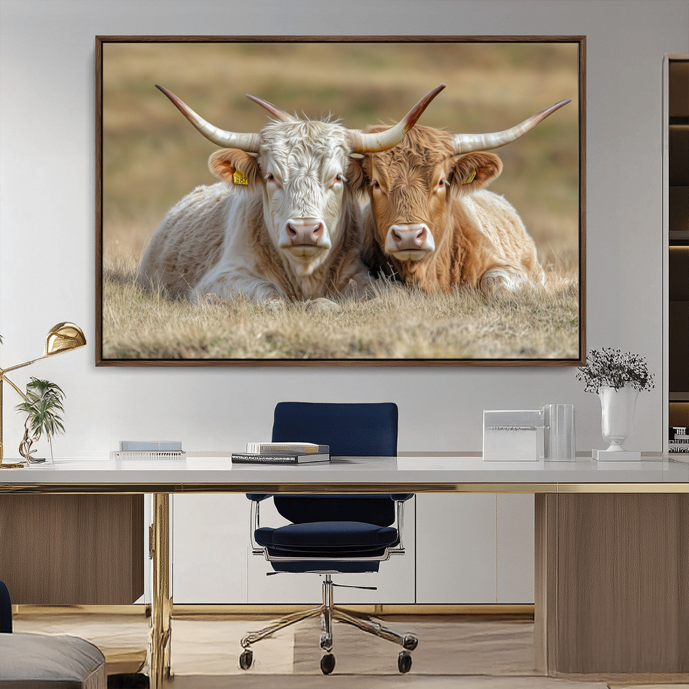 Two cows laying closely in a dry grassy field, captured in soft light, perfect for rustic farmhouse or western style home decor.