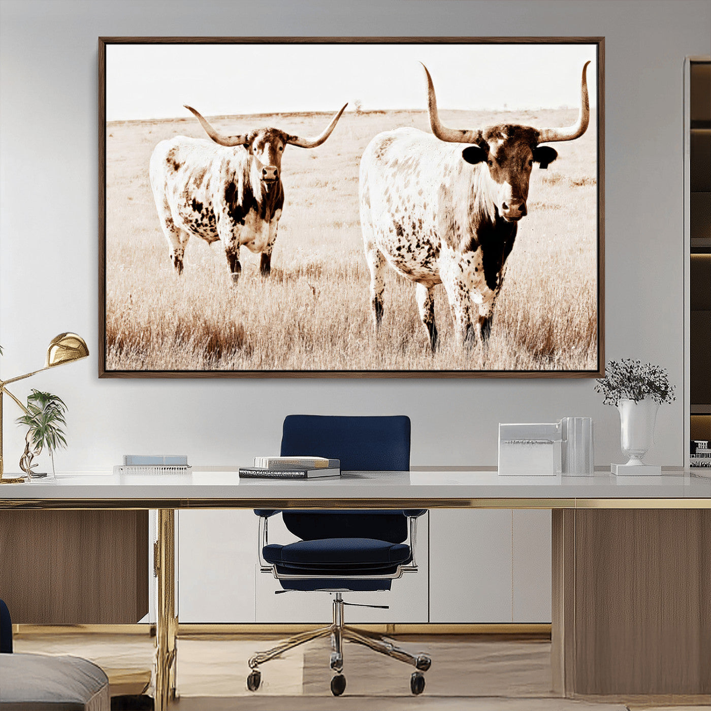 Two Texas longhorn cows standing in a sepia-toned pasture, evoking rustic charm perfect for farmhouse or western country interiors. (