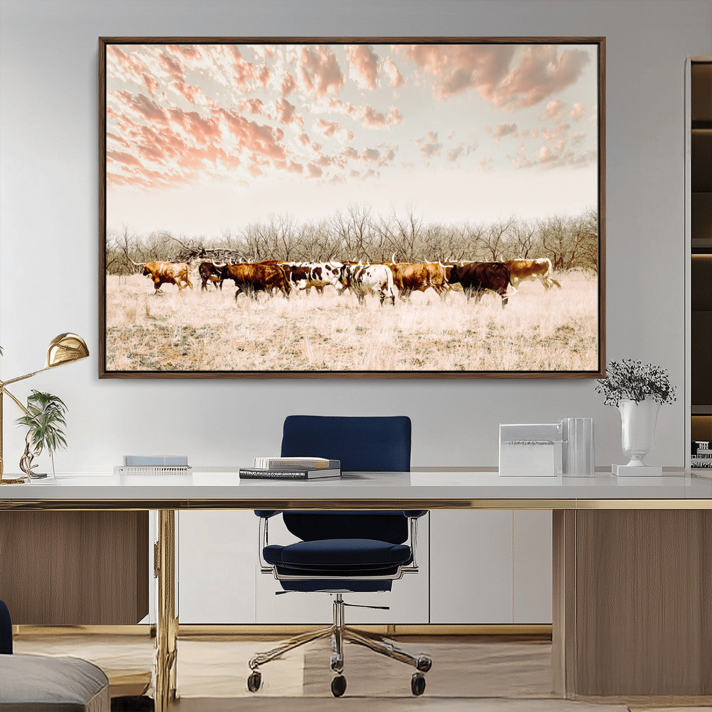 Cattle herd in a soft-toned field under a pastel pink sky, creating a peaceful rustic feel, perfect for farmhouse or western-themed spaces.