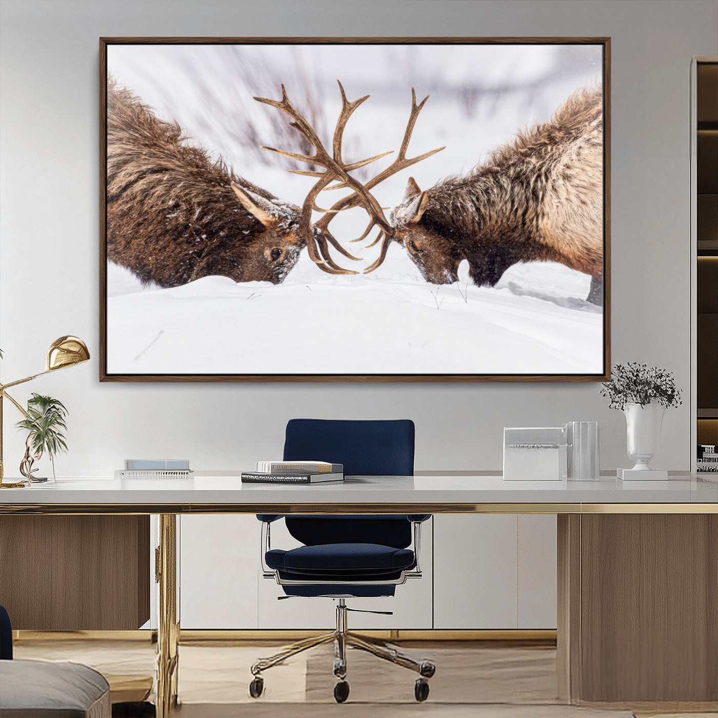 Two elk clashing antlers in a snowy forest, capturing raw power and wild energy, ideal for rustic cabin or lodge-style decor.